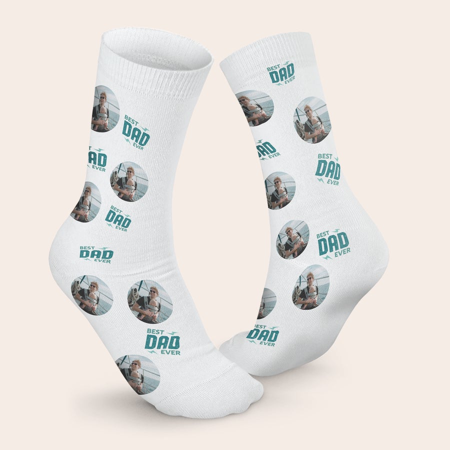 Calzini Personalizzati Calzini personalizzati con stampa fotografica di un uomo con un bambino e la scritta Best Dad Ever