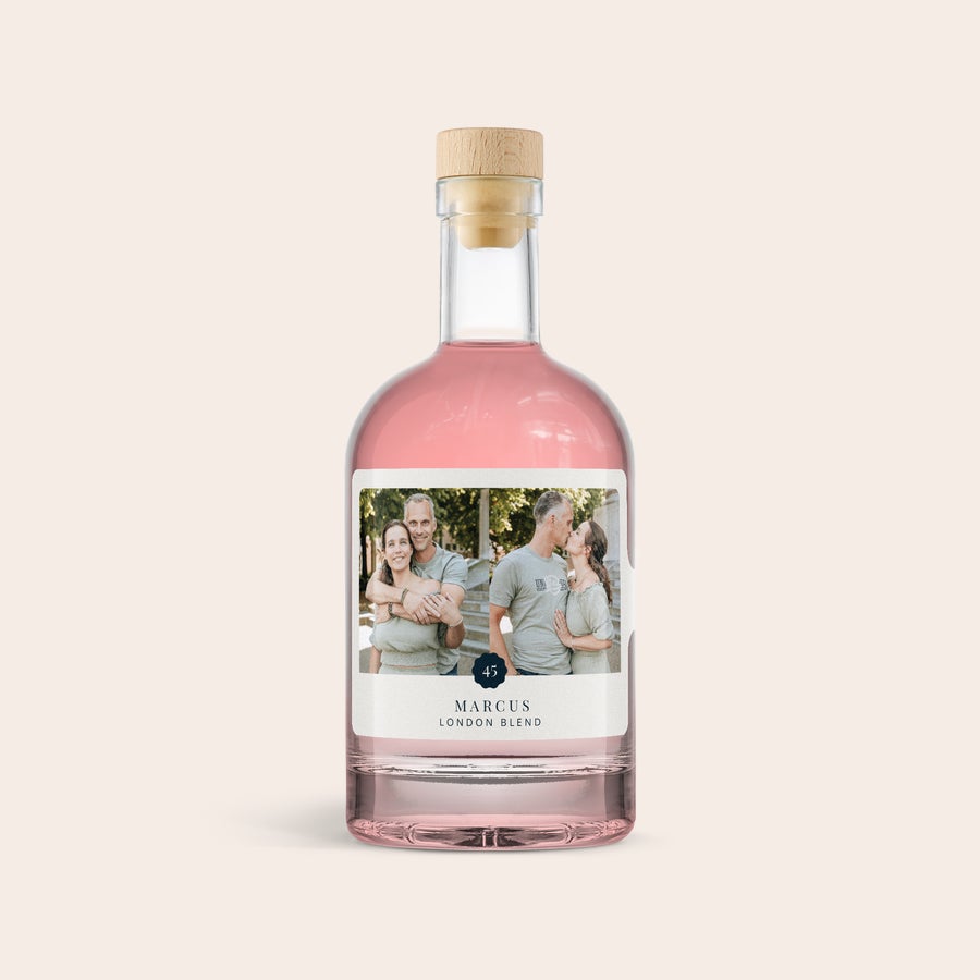 Personalised Pink Gin Personalised pink gin bottle with custom photo label for Marcus London Blend
