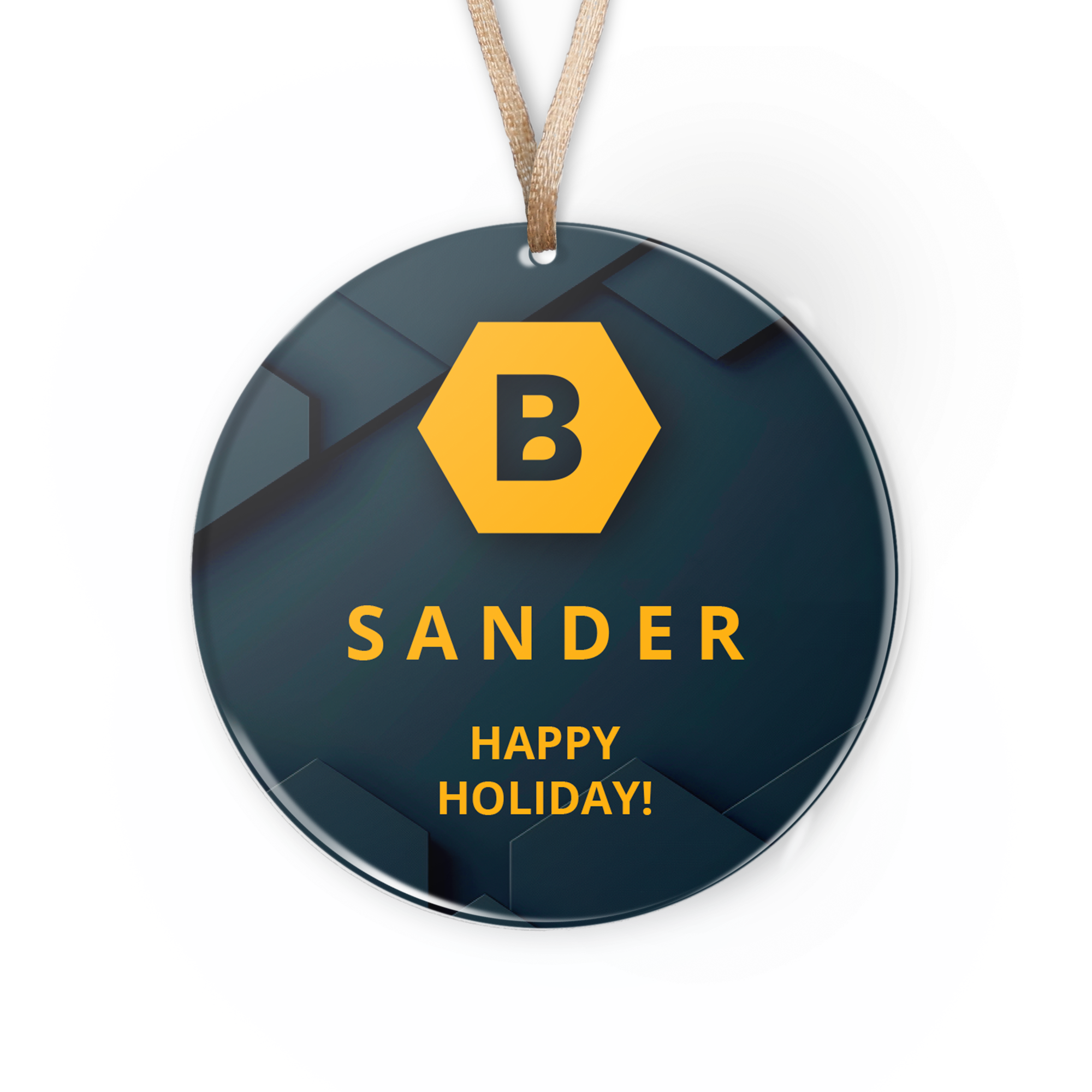 Ronde gepersonaliseerde plexiglas kersthanger met de naam Sander en "Happy Holiday!", UV-bedrukt op een donkere achtergrond.