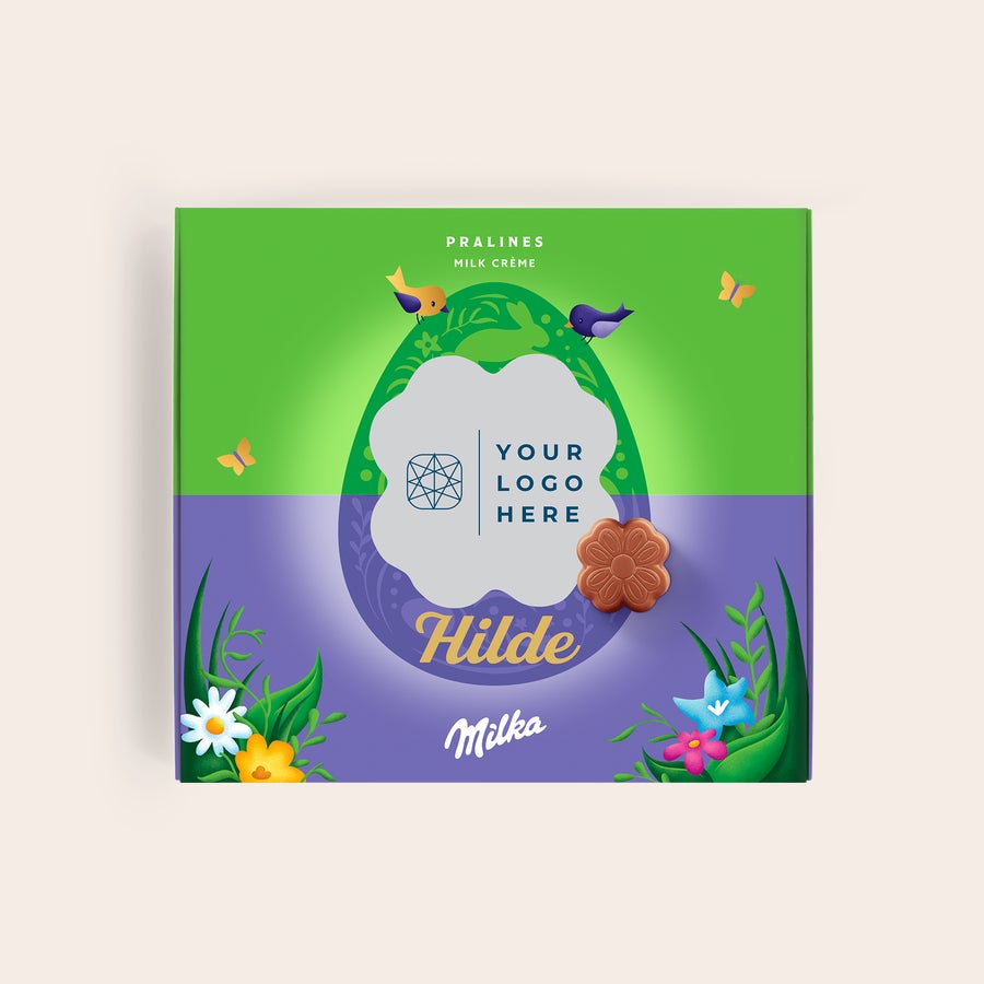 Milka Pralines Påske Milka sjokoladegaveeske med påsketema, trykt med navn Hilde og personlig bilde.