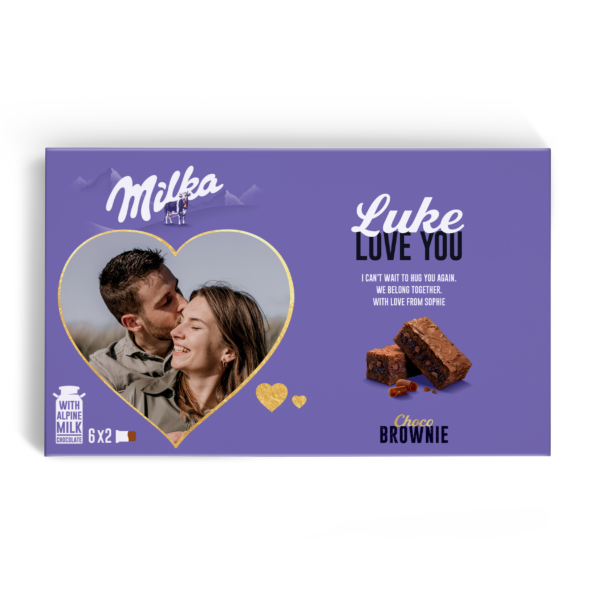 Personalizovaná dárková krabička Milka Choco Brownie s vlastní fotkou páru, textem Luke Love You a 6x2 sušenkami.