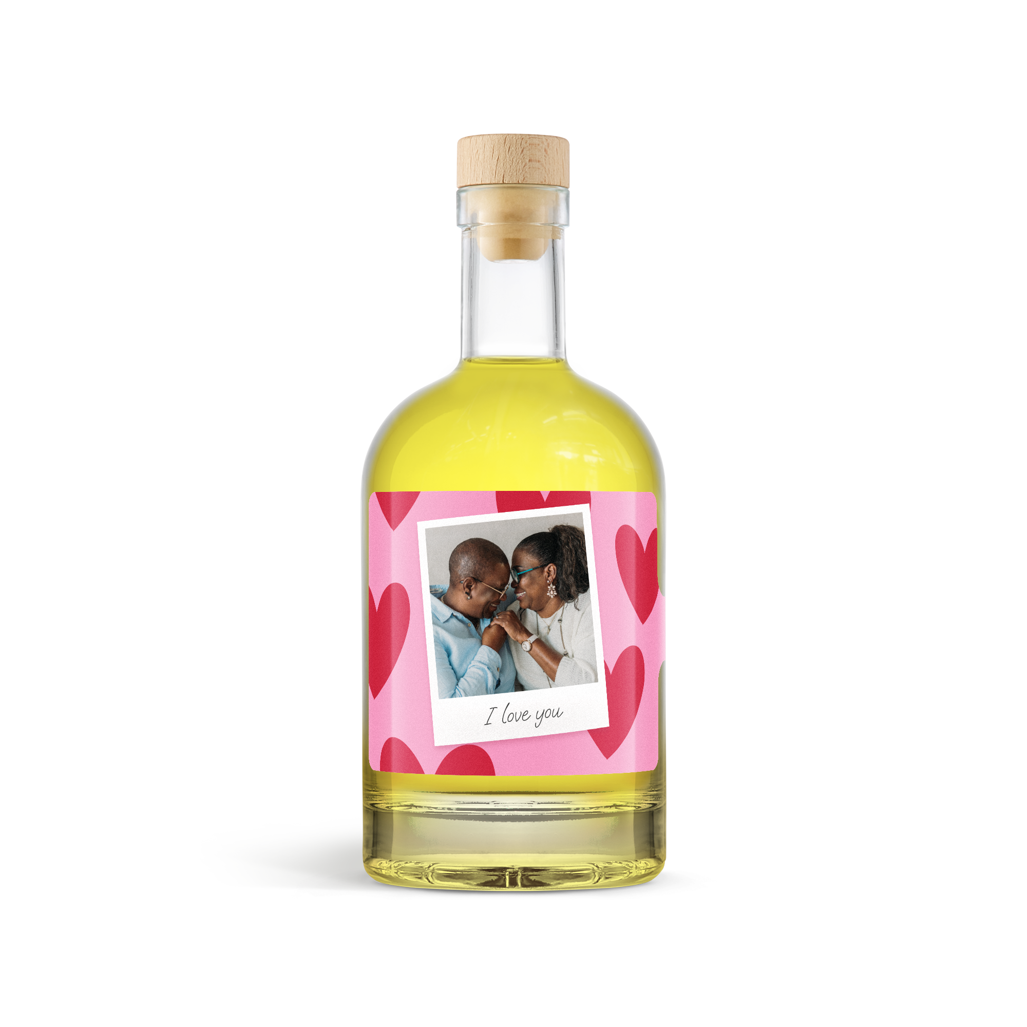 Garrafa de limoncello personalizada com rótulo impresso com foto de casal, corações e "I love you".
