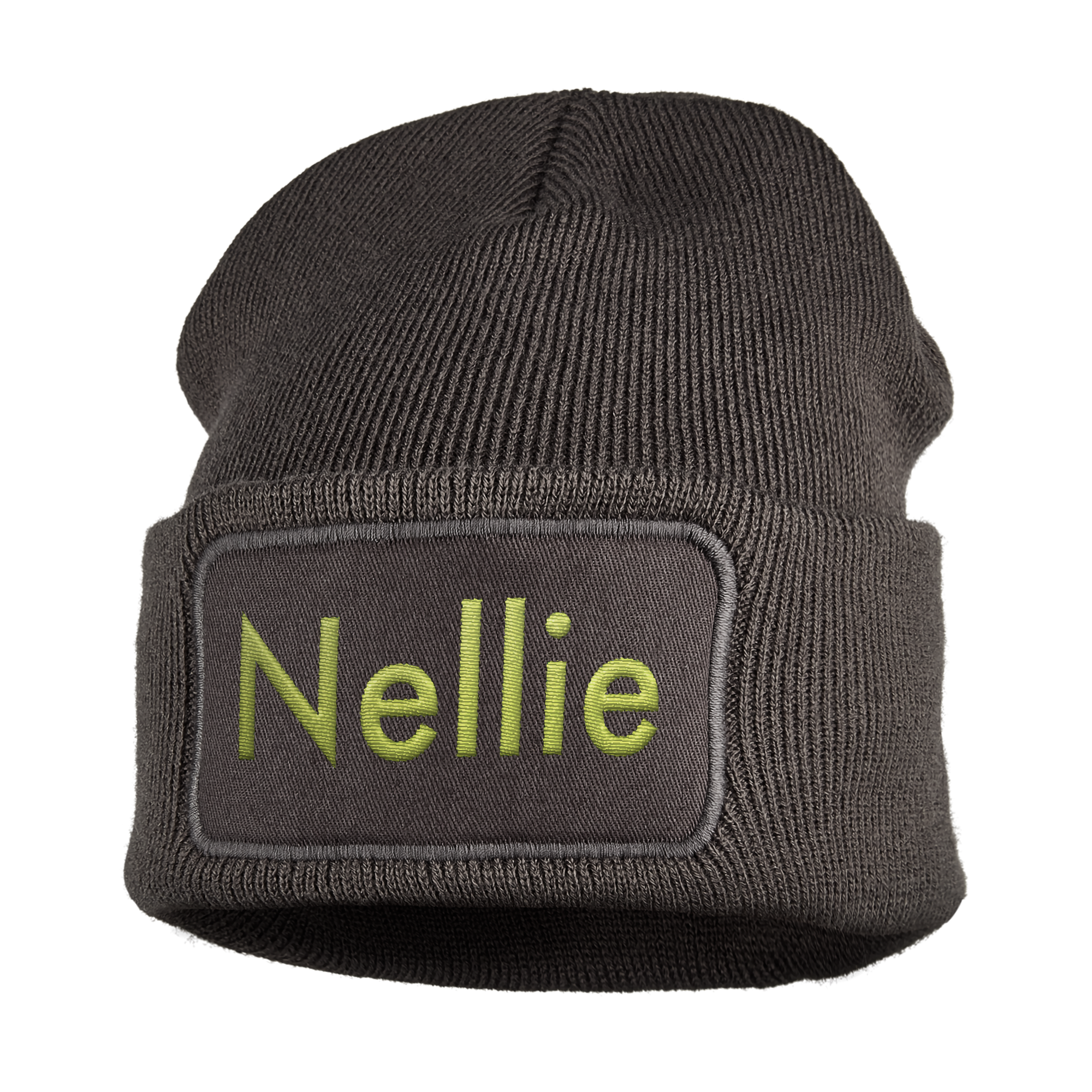 Mörkgrå beanie mössa med broderat namn Nellie i limegrönt. Håll de små öronen snygga och varma.