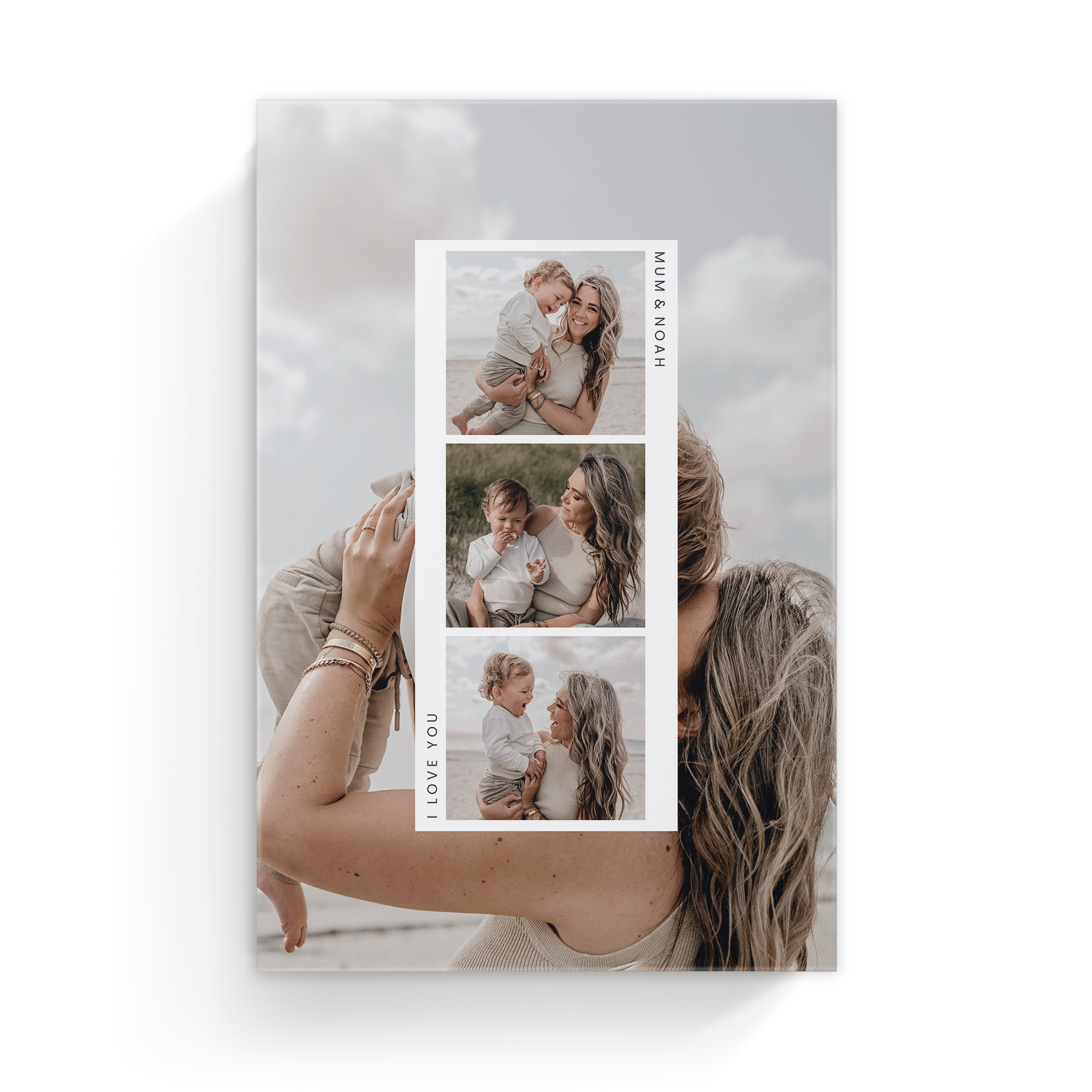 Personalized photo canvas printed with a photo collage of a mum and baby, text "Mum & Noah" and "I Love You"