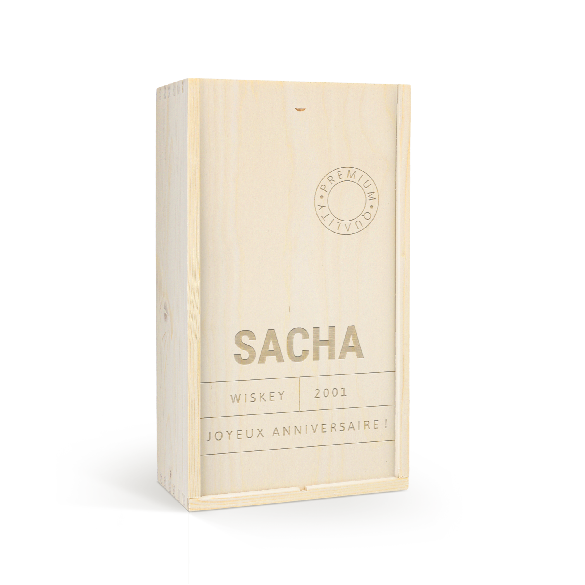 Coffret en bois gravé avec nom Sacha, wiskey 2001, Joyeux Anniversaire pour une bouteille de whisky