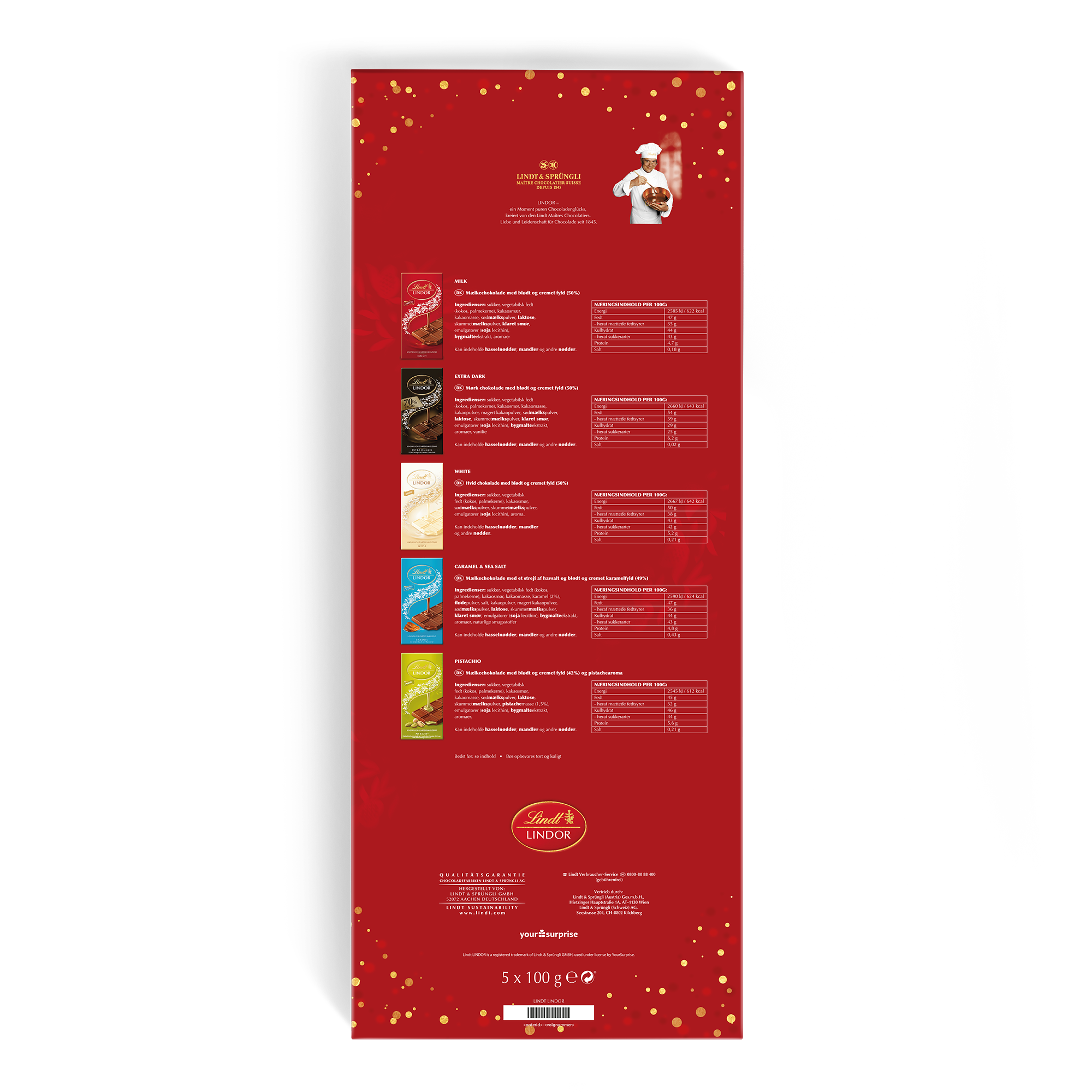 Personliggjort æske med Mega Lindor Chokolade, indgraveret med navn og besked, ideel til en sød gave.