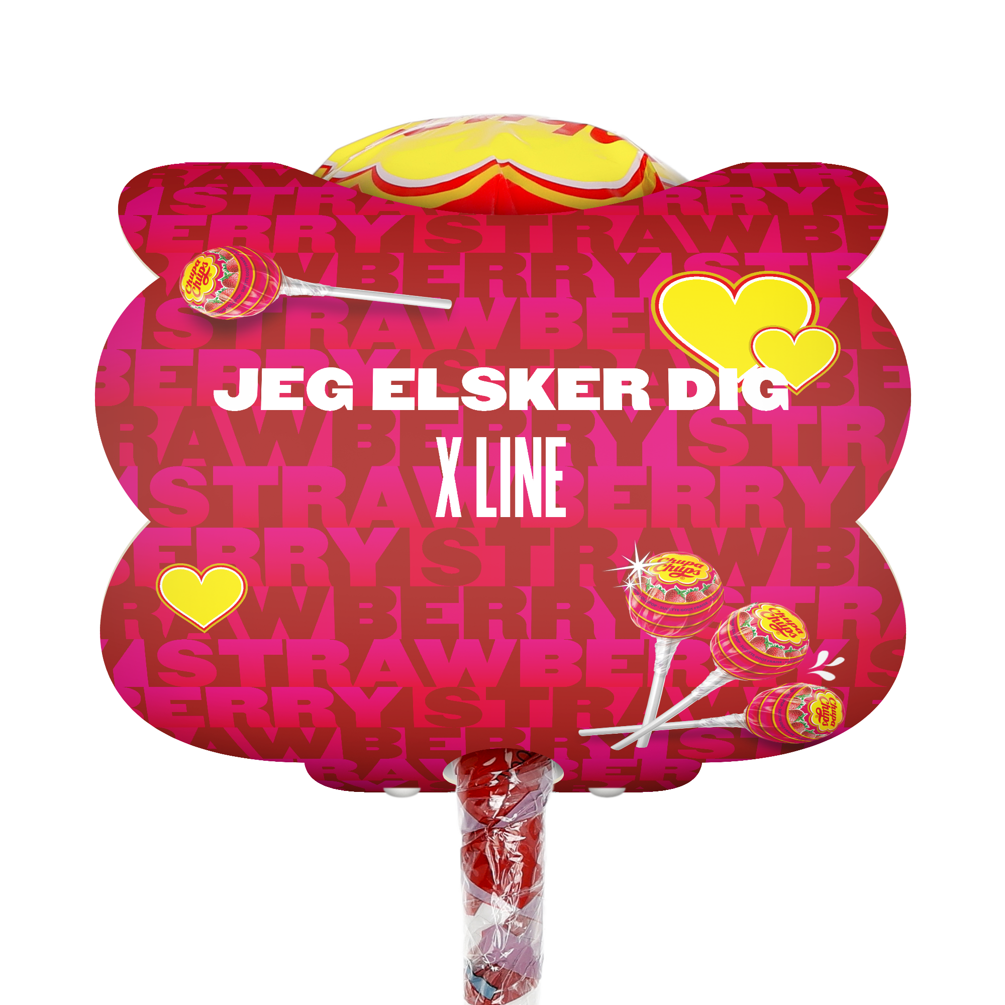 Mega Chupa Chups - personliggjort - Jordbær - 20 slikkepinde med personlig besked "JEG ELSKER DIG X LINE" og hjerter.