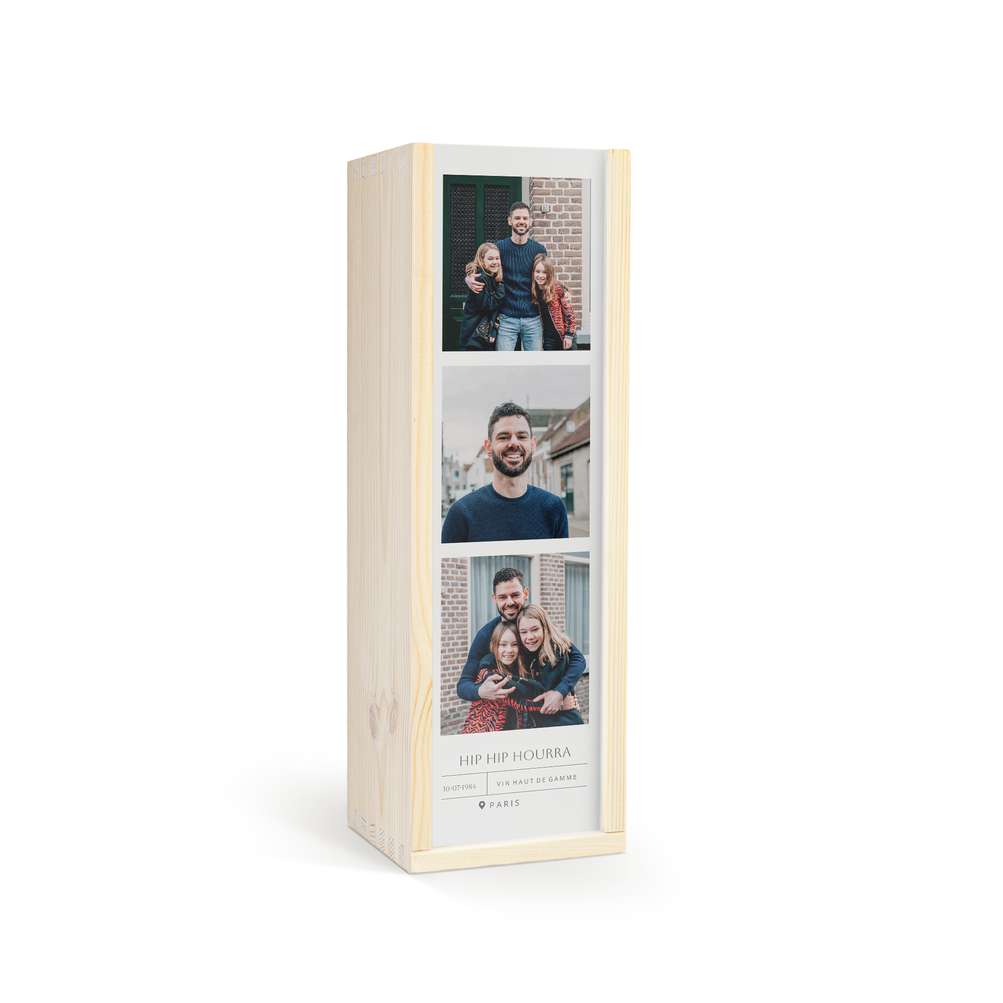 Coffret en bois personnalisé imprimé avec plusieurs photos et texte "HIP HIP HOURRA"
