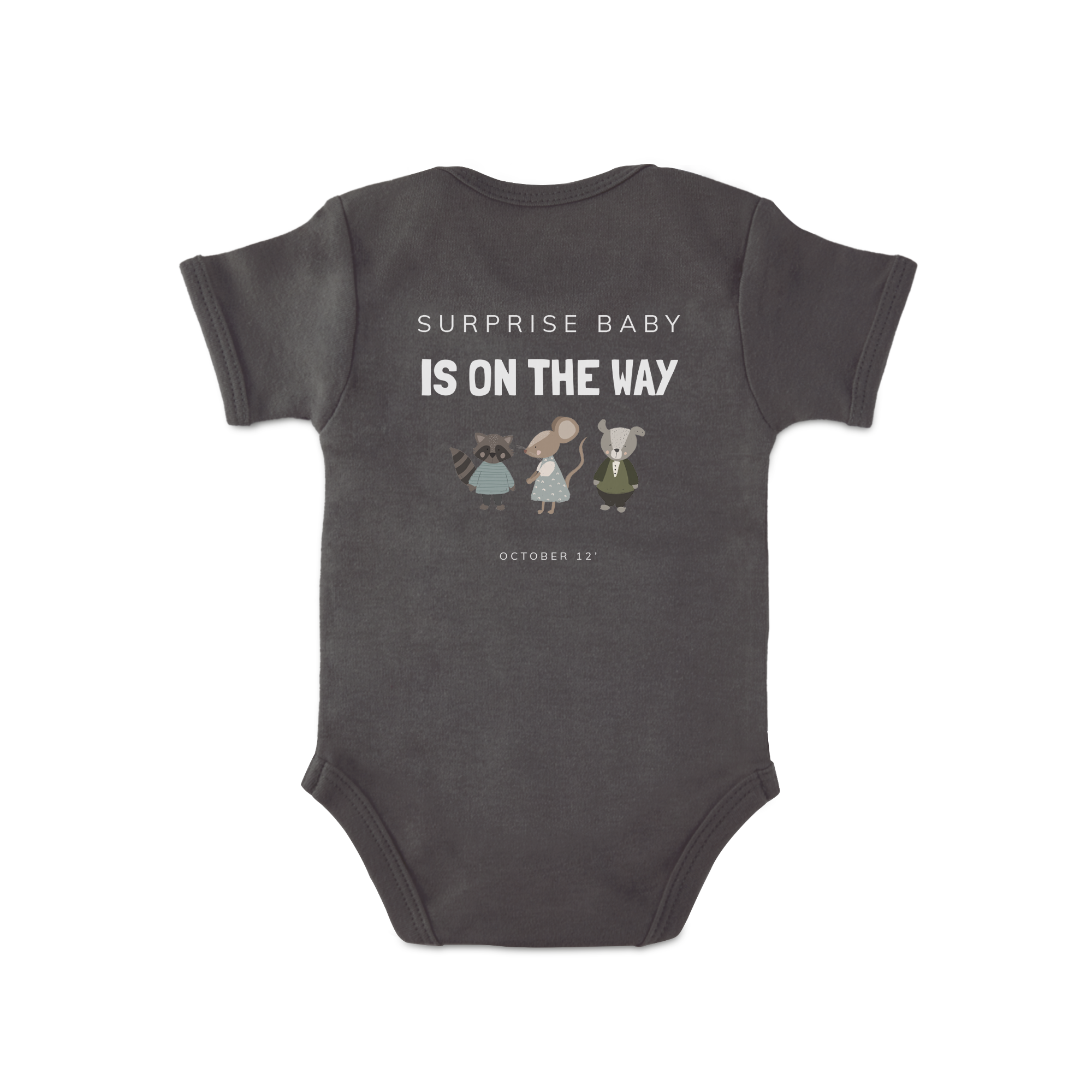 Grå babybody med eget tryck av tre djur och texten Surprise baby is on the way October 12