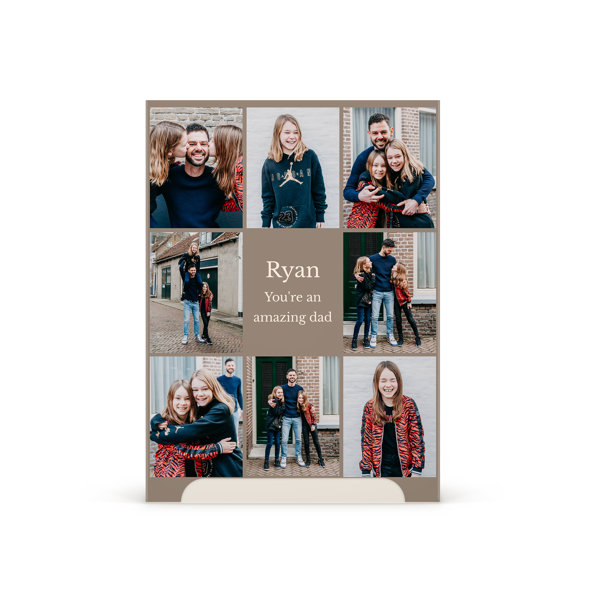 Conjunto de presente de bem-estar masculino personalizado com colagem de fotos e mensagem "Ryan You're an amazing dad" impressa na caixa.