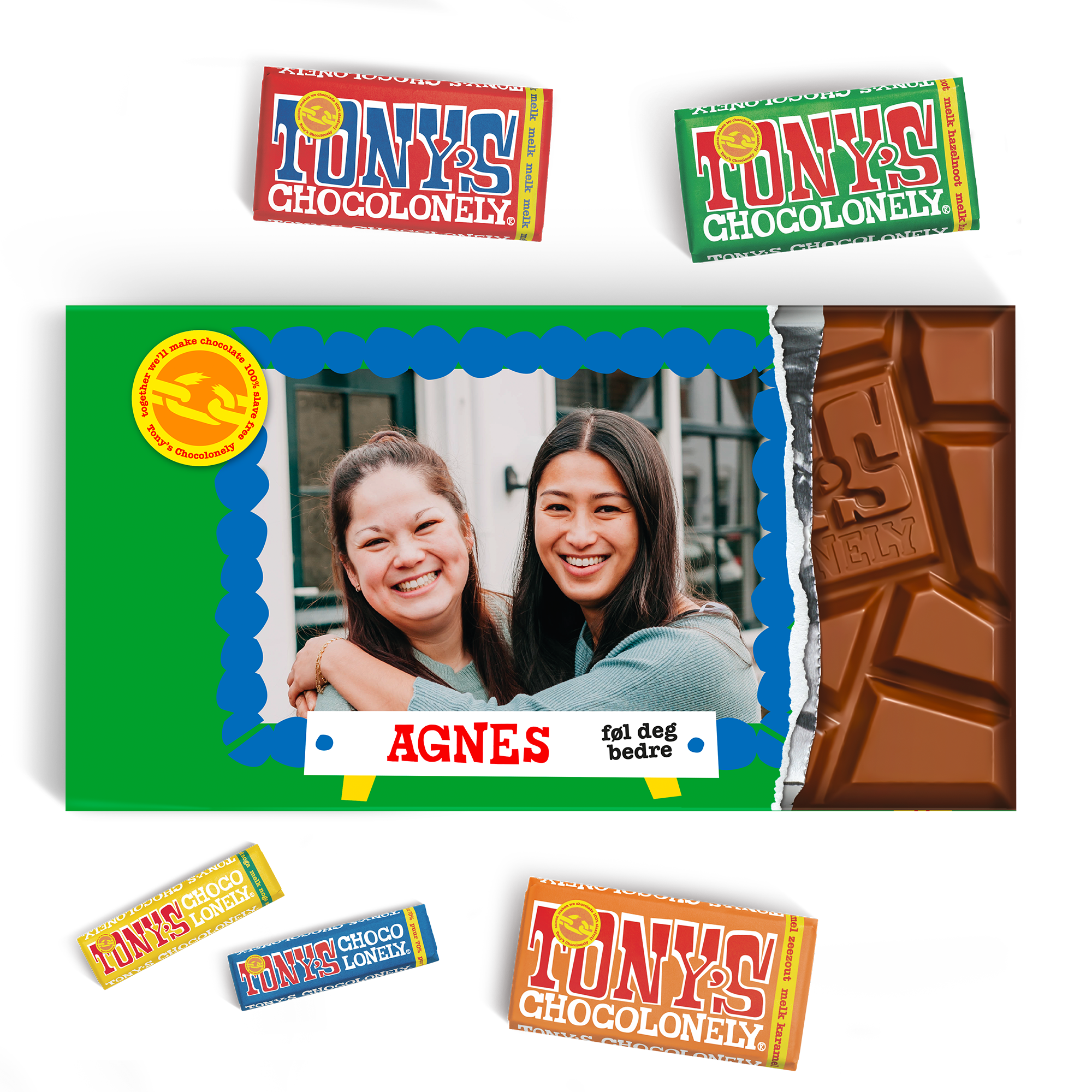 XL Tony's Chocolonely med personlig bilde av to kvinner og navn Agnes, trykket på emballasjen.