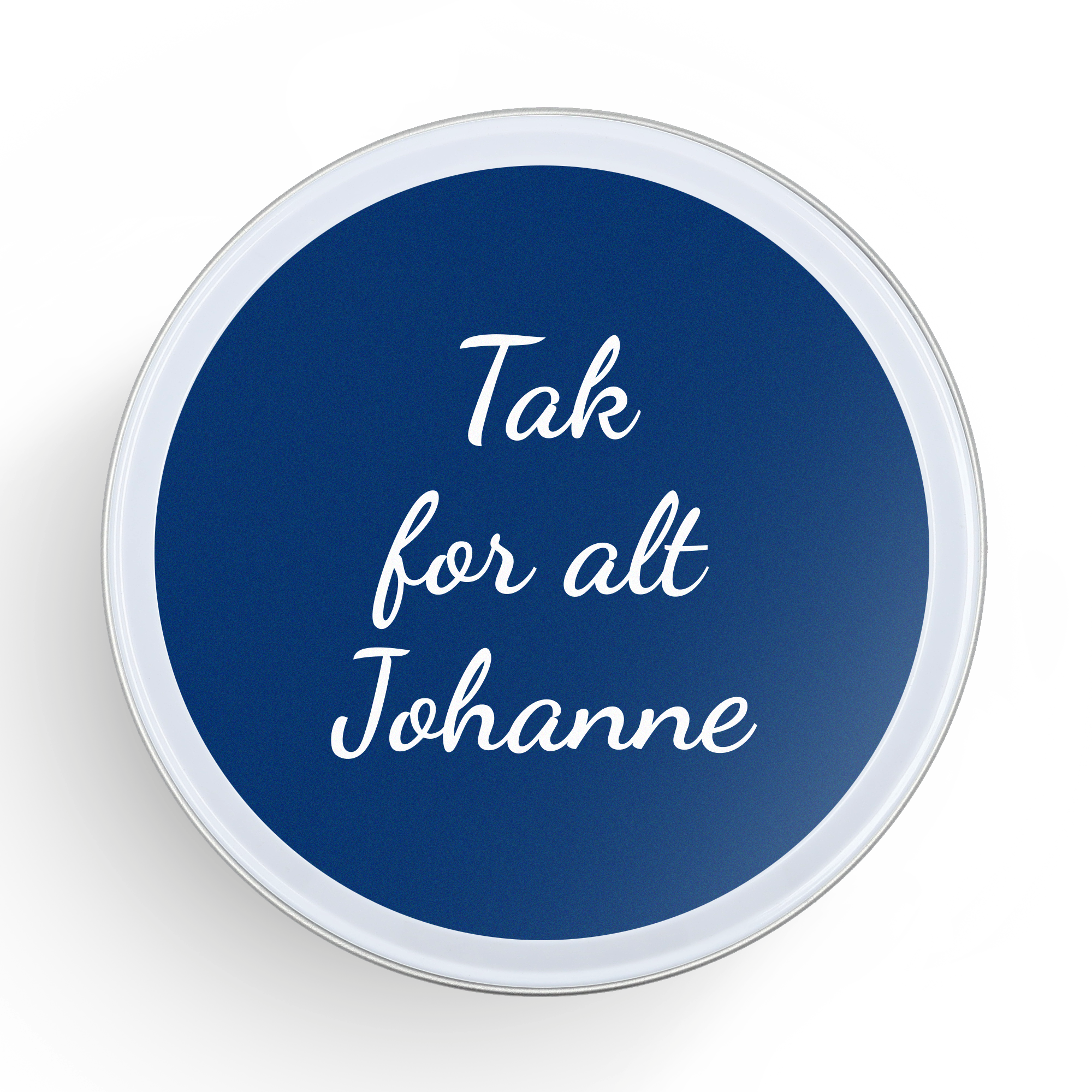 Stroopwafels i personlig dåse - Runde med Tak for alt Johanne tekst på det blå låg
