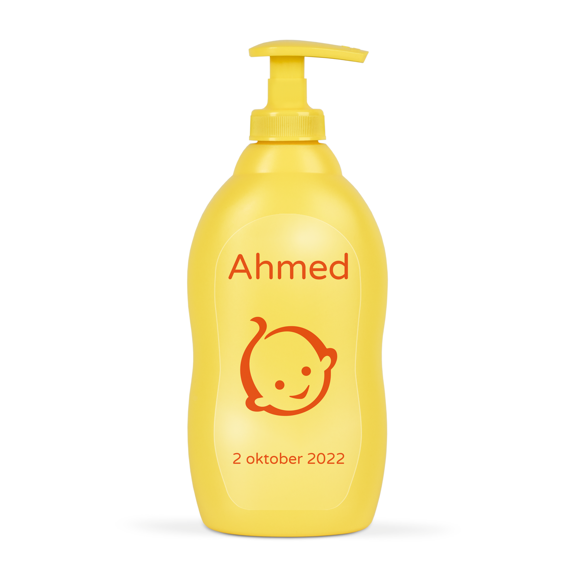 Gepersonaliseerde Zwitsal wasgel fles met de naam Ahmed en datum 2 oktober 2022, een uniek kraamcadeau met naam.