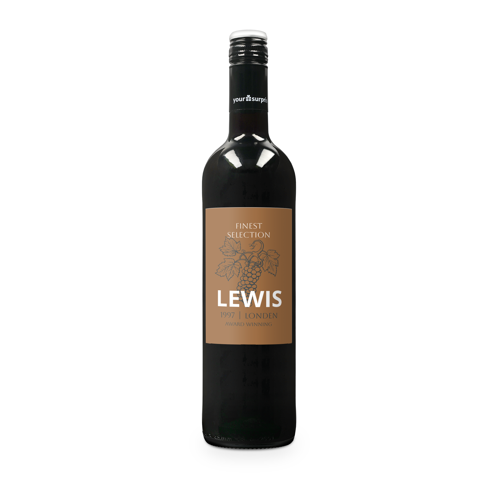 Botella de vino tinto con etiqueta personalizada. Muestra un racimo de uvas y el texto "Lewis 1997 London Award Winning".