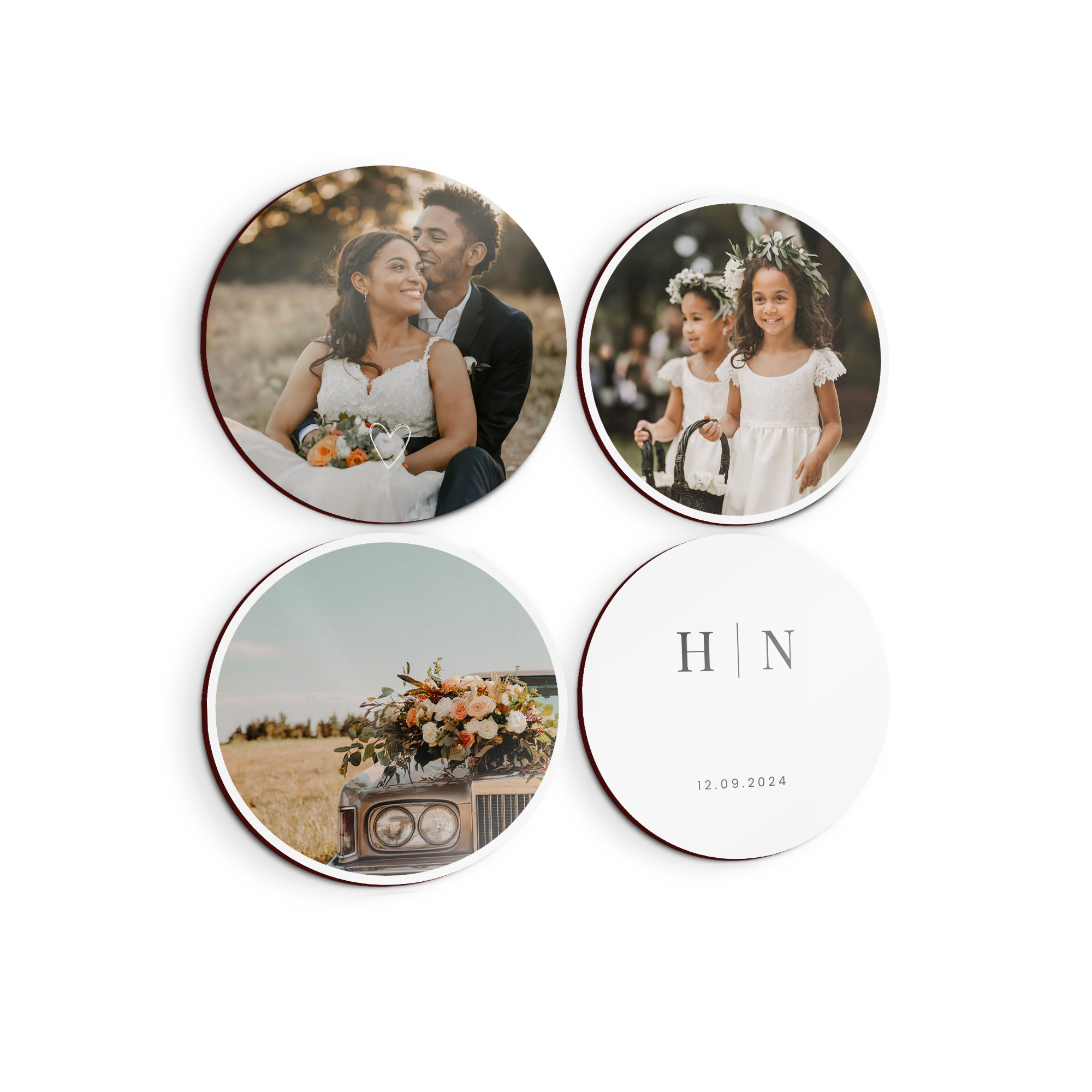 Set of four round wooden wall art panels printed with personalized photos and initials to decorate your wall