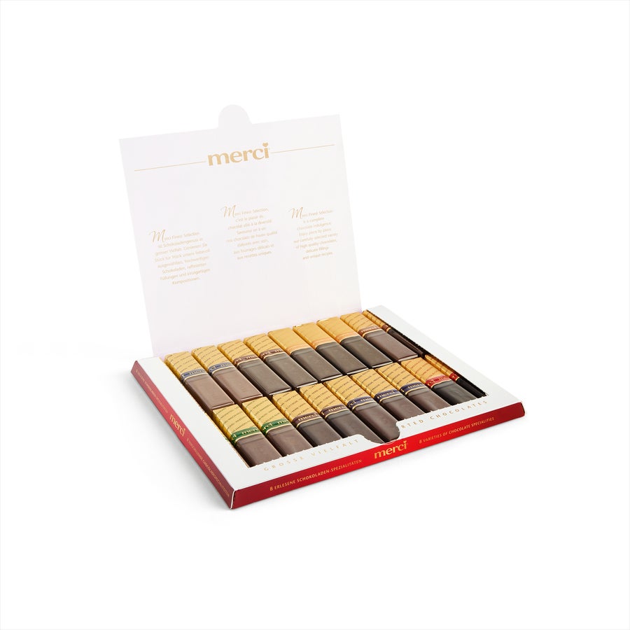 merci doos personaliseren - 250 gram Open merci Finest Selection giftbox met diverse smaken chocolade. Deze persoonlijke bedrukte merci Finest Selection giftbox is de originele verpakking.