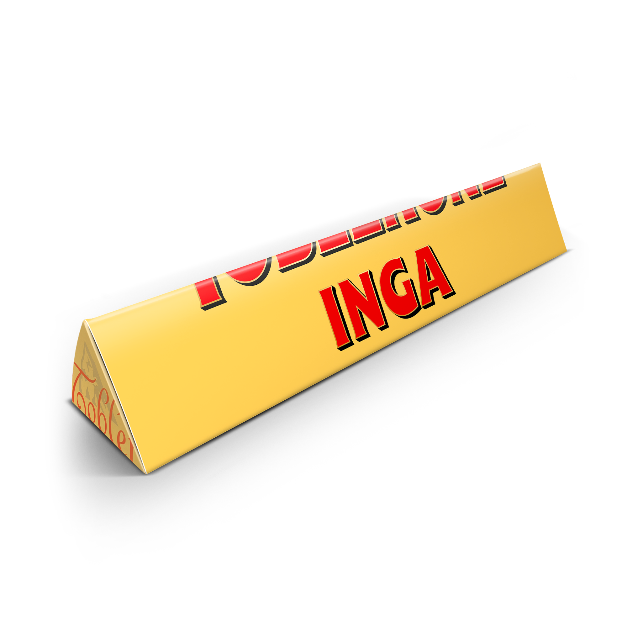 Personalisierte Toblerone Schokolade mit dem Namen INGA in Rot gedruckt auf der gelben Verpackung