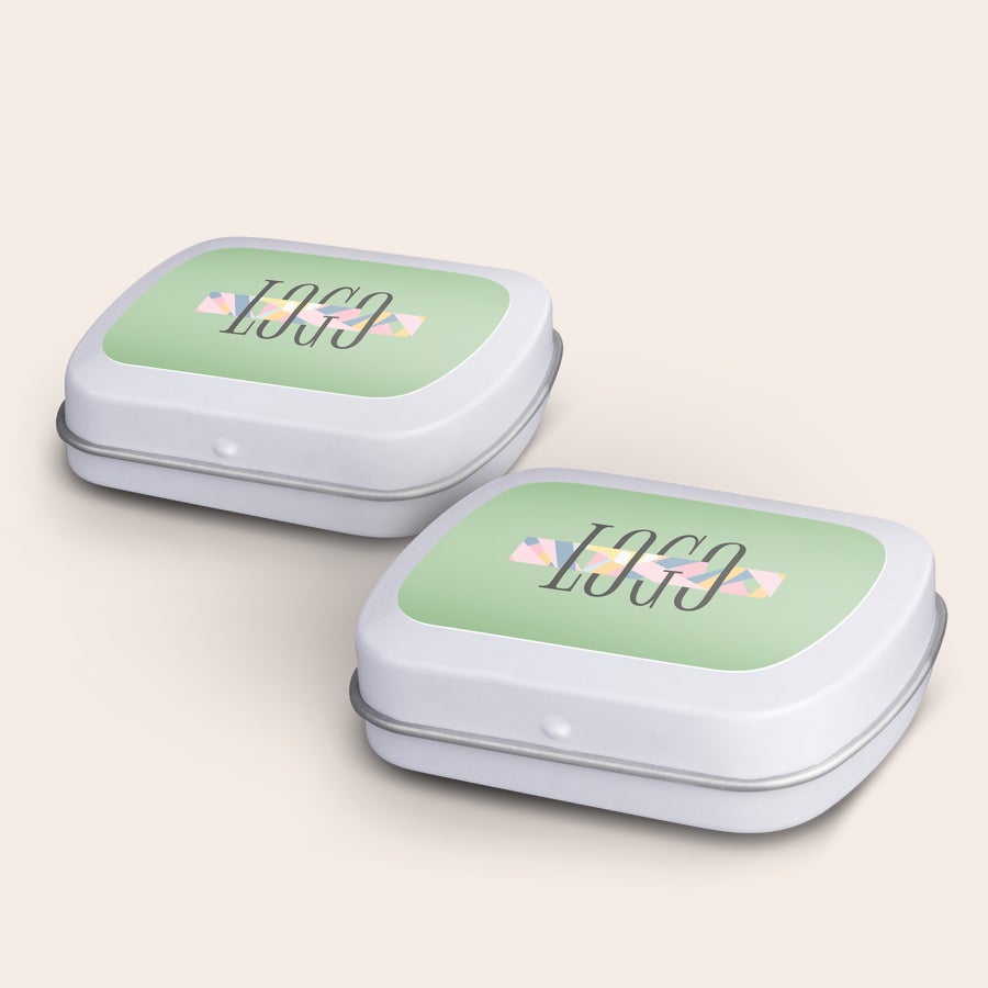 Personalised Gift Tin - Peppermints Two white personalized peppermint tins with a green lid design and the word "LOGO" printed in the center.