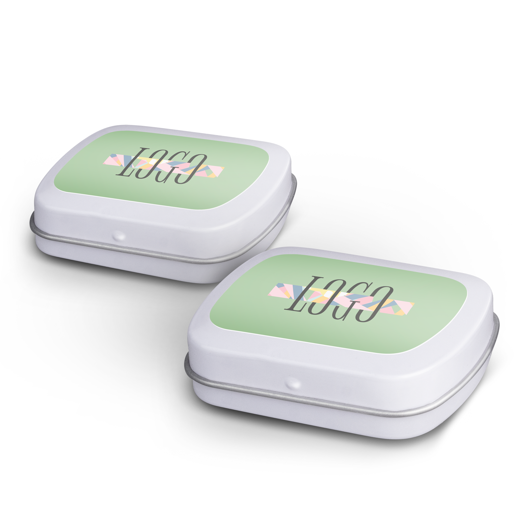 Zwei personalisierte Pfefferminzbonbons in der Dose, bedruckt mit Ihrem individuellen Logo auf grünem Hintergrund.