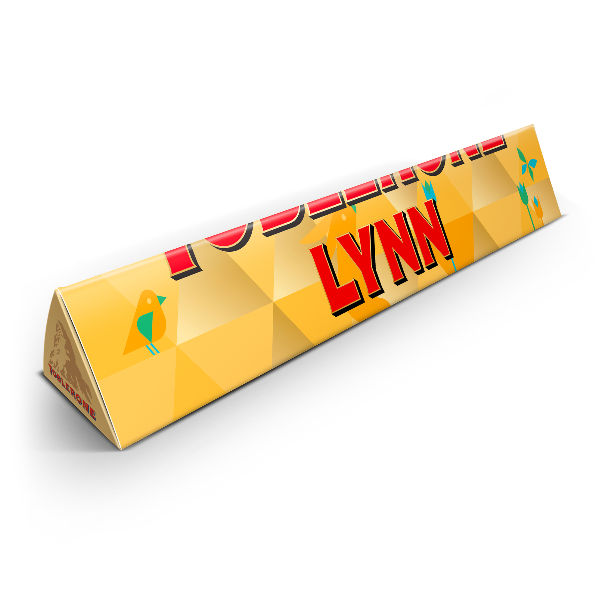 Gepersonaliseerde XXL Toblerone reep met de naam LYNN gedrukt op de wikkel, een MEGA grote verrassing