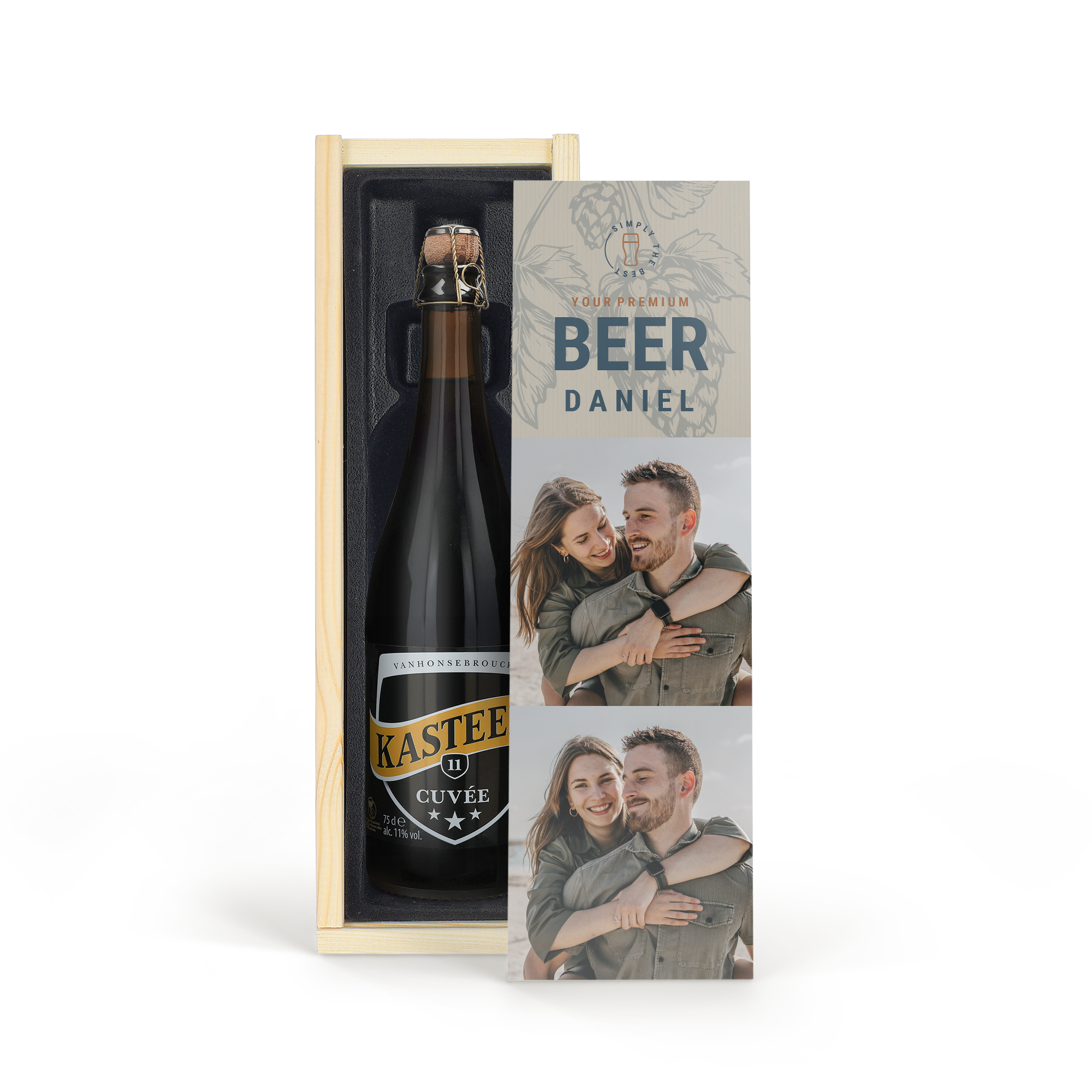 Beer gift in a personalized wooden case with a Kasteel Cuvée bottle and custom photo and text design