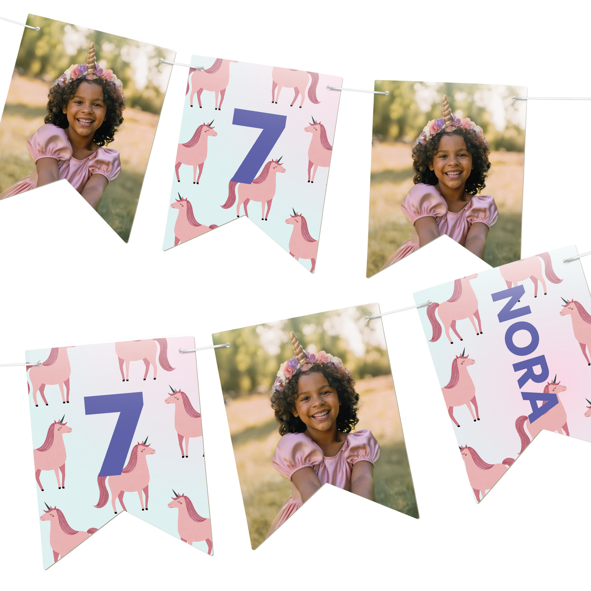 Guirlande de fanions personnalisés - Drapeau - M - 10 m avec photos et motif licorne, imprimée avec le nom Nora et le chiffre 7