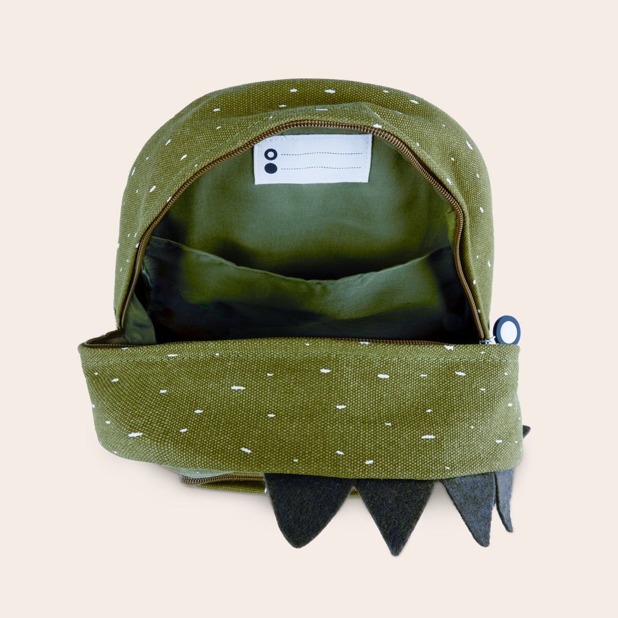 Mochila Infantil Personalizada - Trixie Mochila infantil verde com bolinhas brancas e detalhes de dentes, perfeita para surpreender o seu pequenote