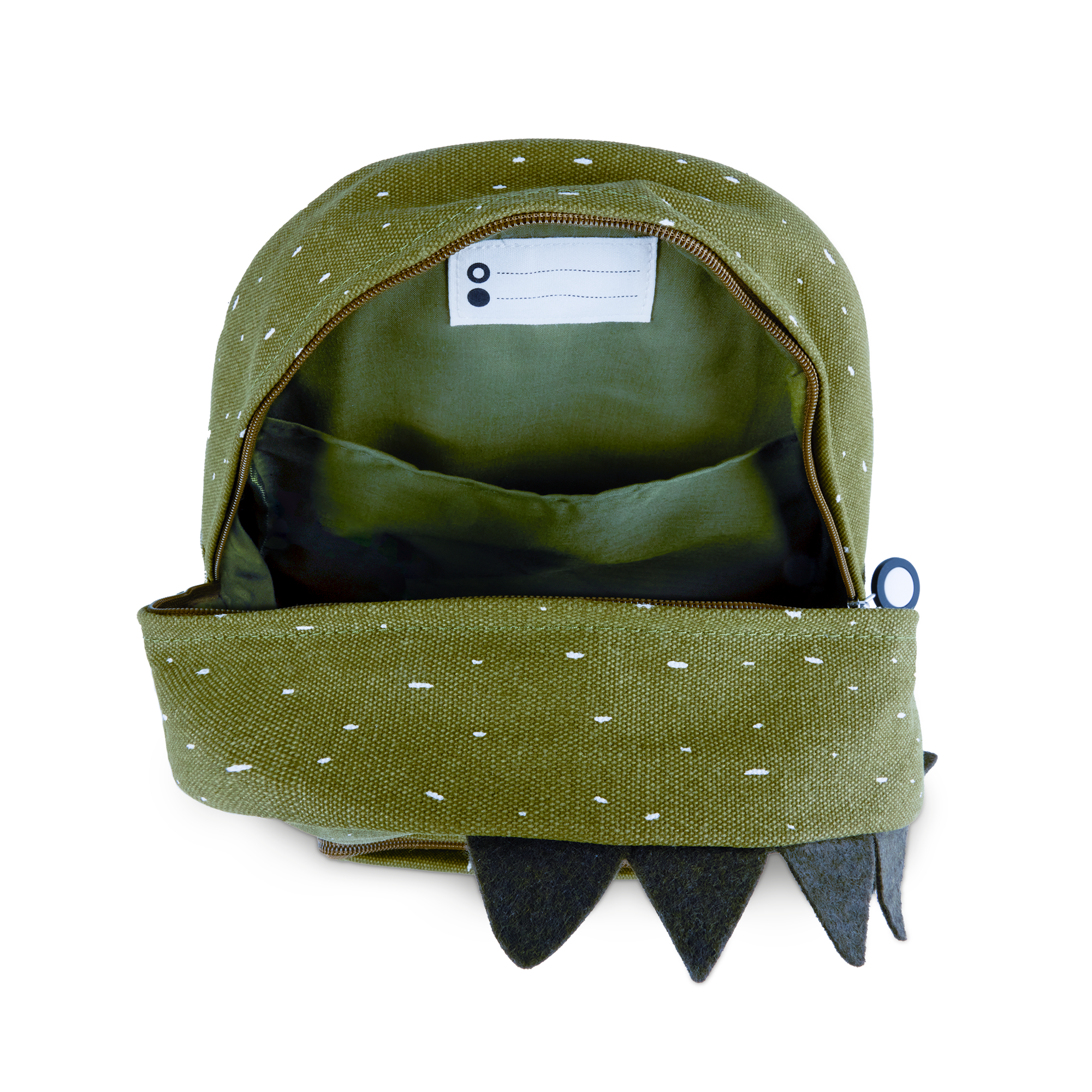 Open green Trixie children's backpack with an embroidered dinosaur design, ready to be personalized with a name