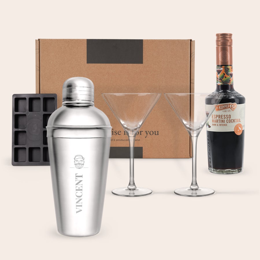Coffret cadeau espresso Martini  Coffret cocktails Espresso Martini avec shaker gravé Vincent, deux verres, moule à glaçons