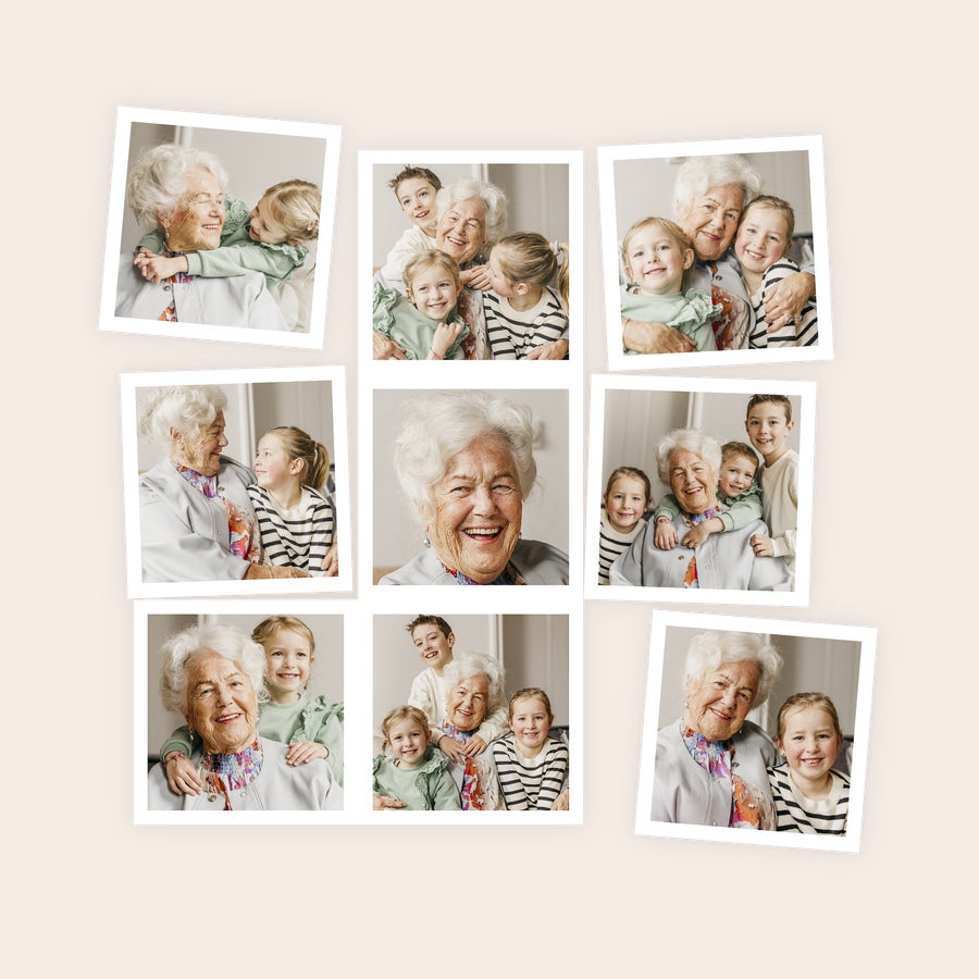 Magneter med billede - ark En collage af personlige fotomagneter med familiebilleder af en bedstemor og hendes børnebørn til at lav dit eget design.