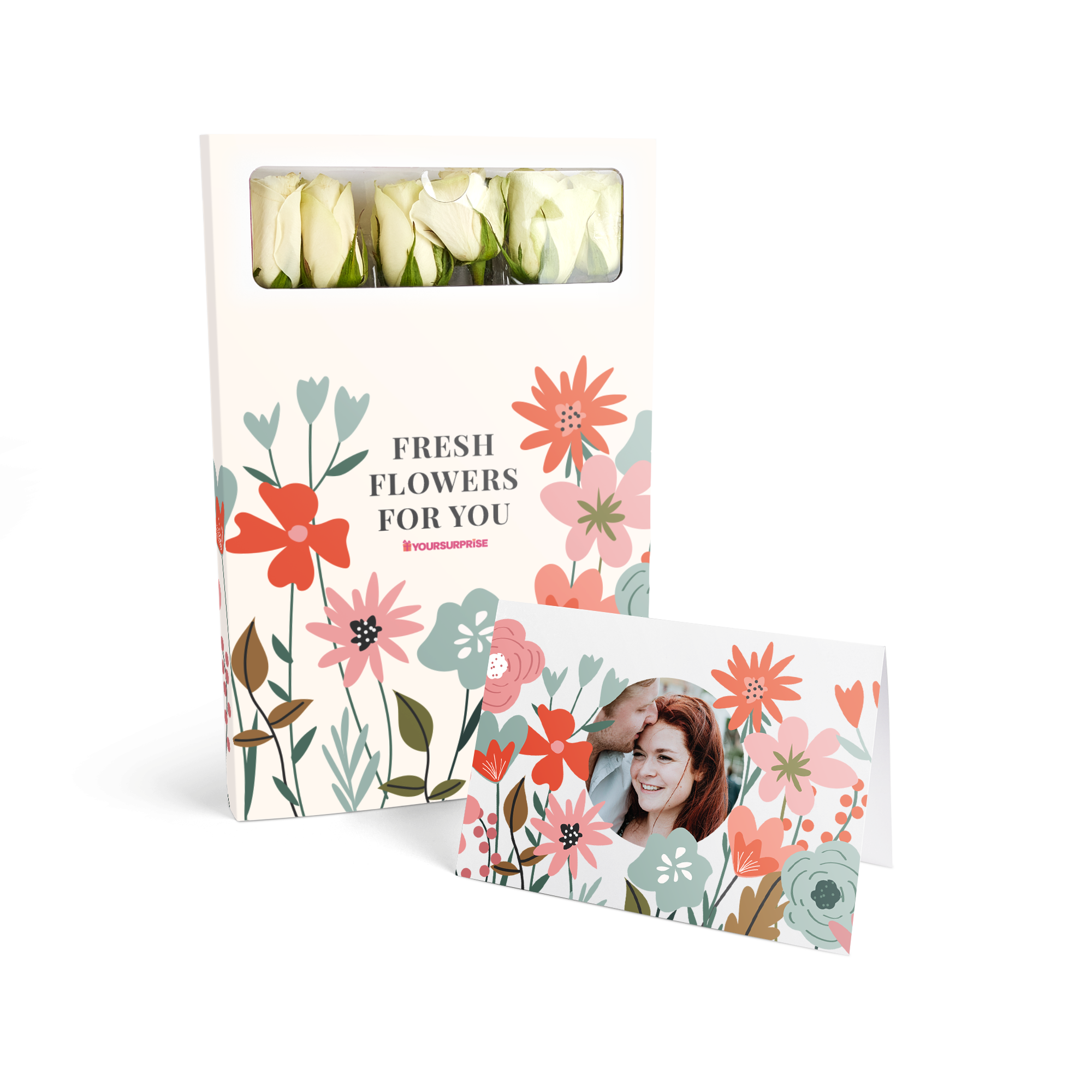 Roses postales - Blanc fraîches, boîte décorée de fleurs, avec carte personnalisée imprimée avec une photo.