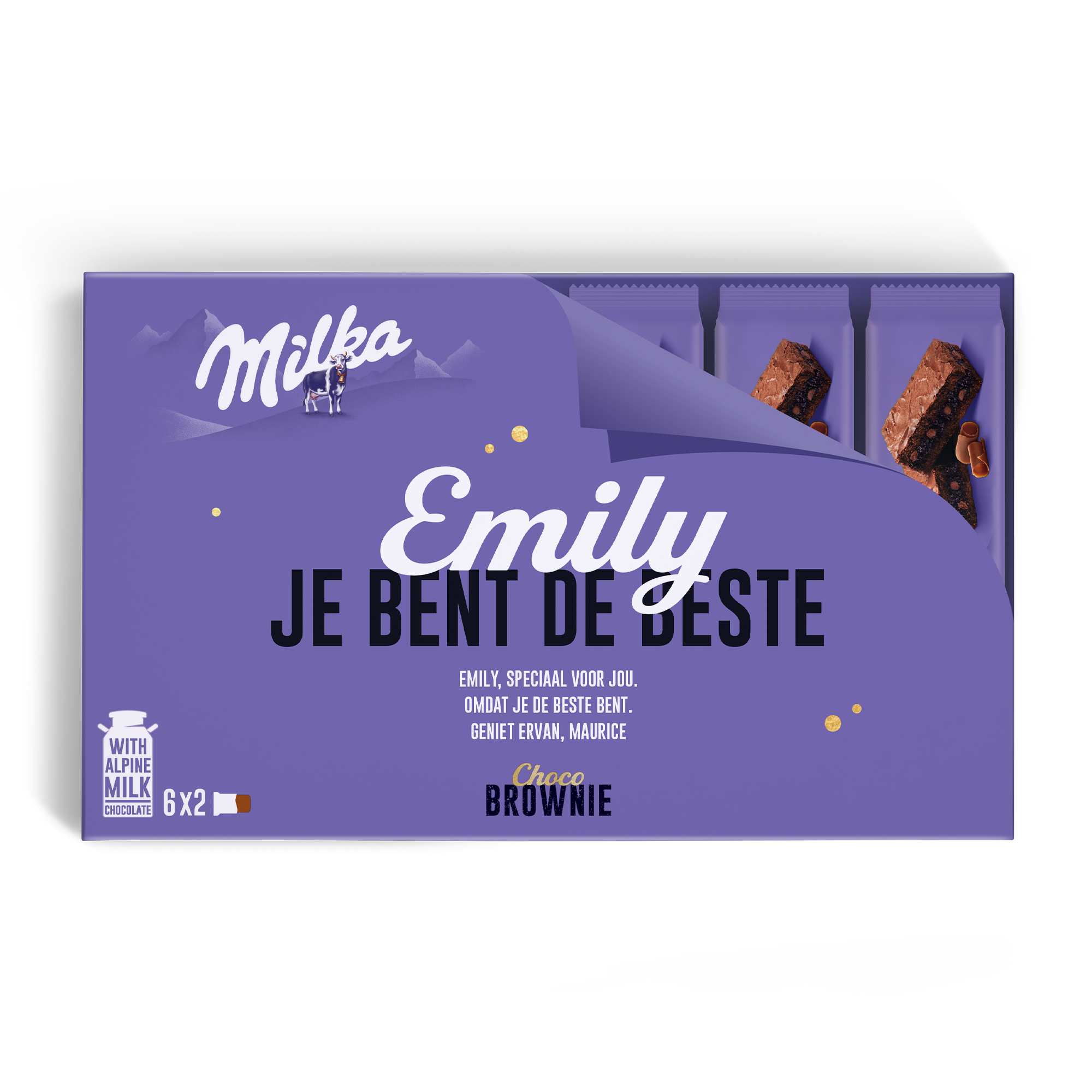 Milka Choco Brownie giftbox met de geprinte naam Emily en tekst "Je bent de beste".