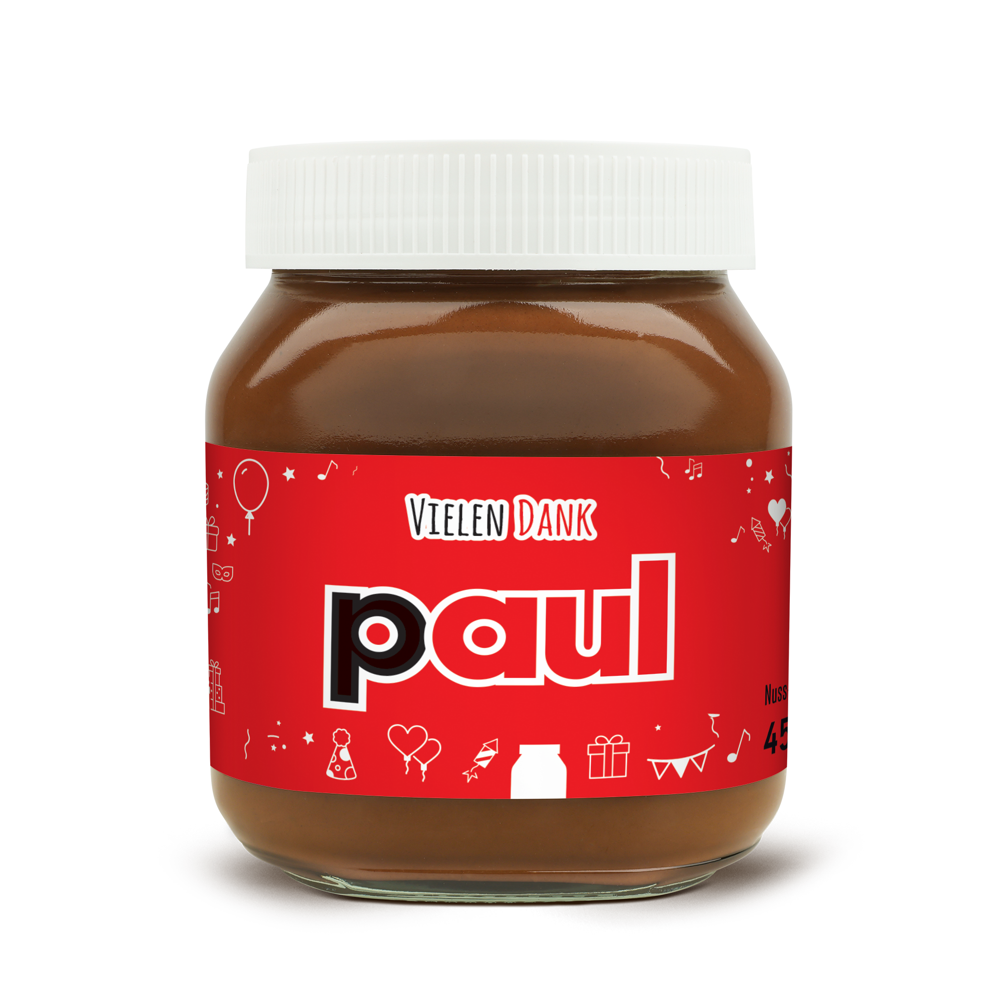 nutella Glas personalisiert mit Namen Paul und dem Schriftzug Vielen Dank, bedruckt