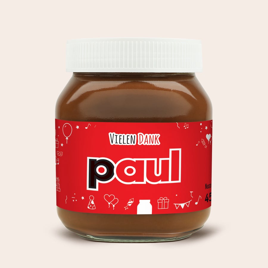 Personalisiertes nutella®-Glas nutella Glas personalisiert mit Namen Paul und dem Schriftzug Vielen Dank, bedruckt