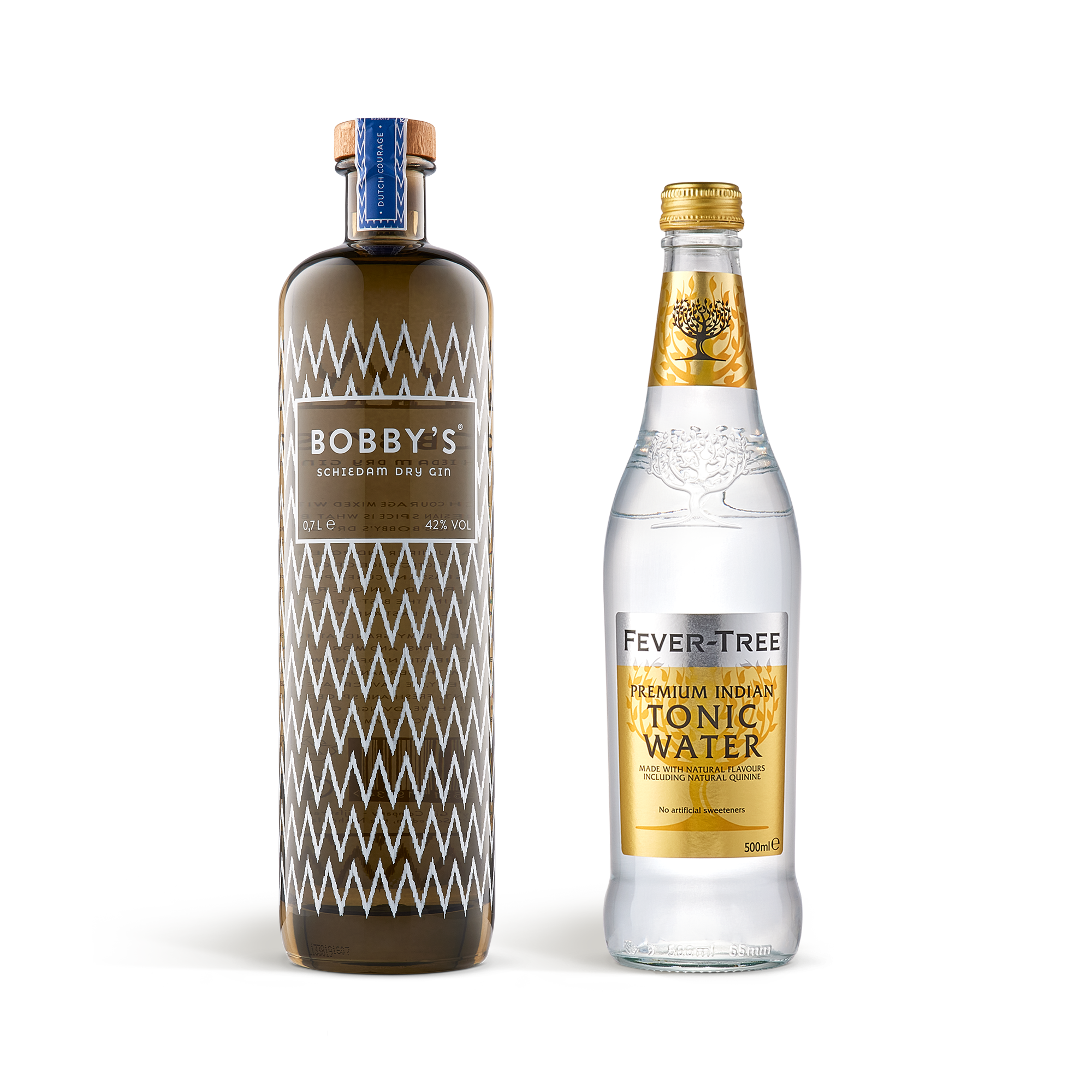 Garrafa de Gin Bobby's e tônica Fever-Tree para um elegante gim-tônica, em uma caixa personalizada.