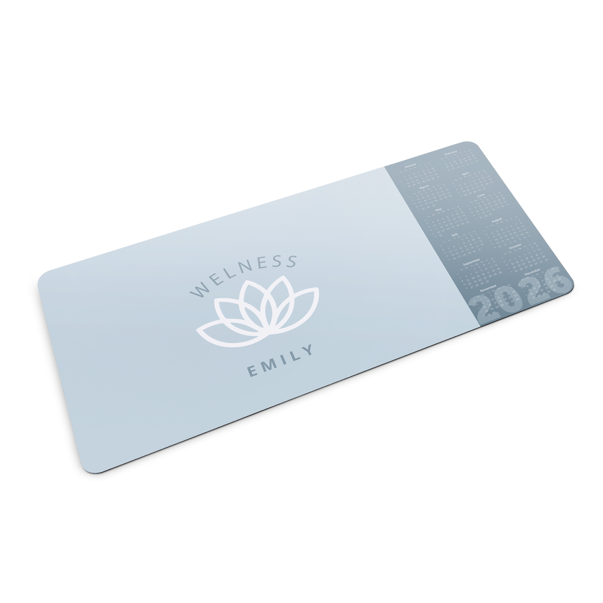 Mousepad XL personalizado, estampado com calendário 2026, nome Emily e símbolo Wellness. Surpreenda o seu gamer favorito!