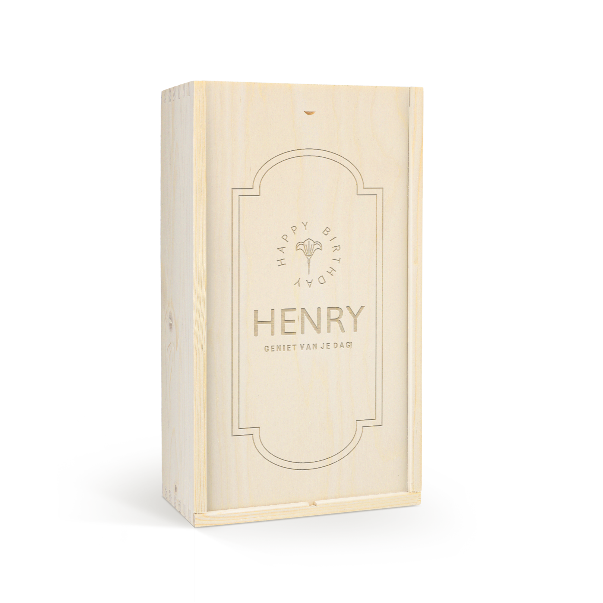 Houten wijnkist met een persoonlijke gravure van de naam Henry, "Happy Birthday" en een bloemdesign