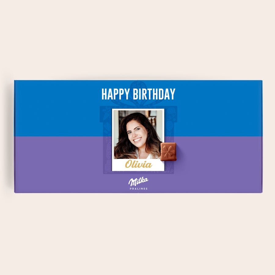 Czekoladki Milka - Urodziny Personalizowana bombonierka Milka z własnym zdjęciem Olivii i napisem Happy Birthday, najpyszniejsza czekolada specjalnie na urodziny