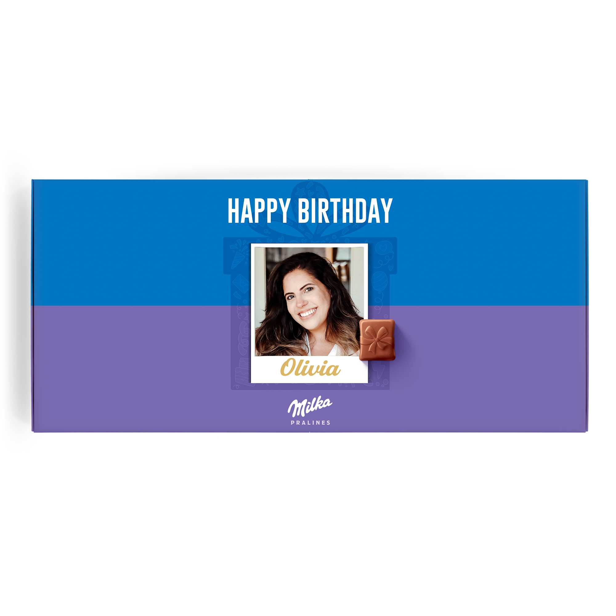 Caja de regalo Milka de cumpleaños personalizada con foto de Olivia y bombón de chocolate, desea un feliz cumpleaños con un regalo personalizado de chocolate Milka.