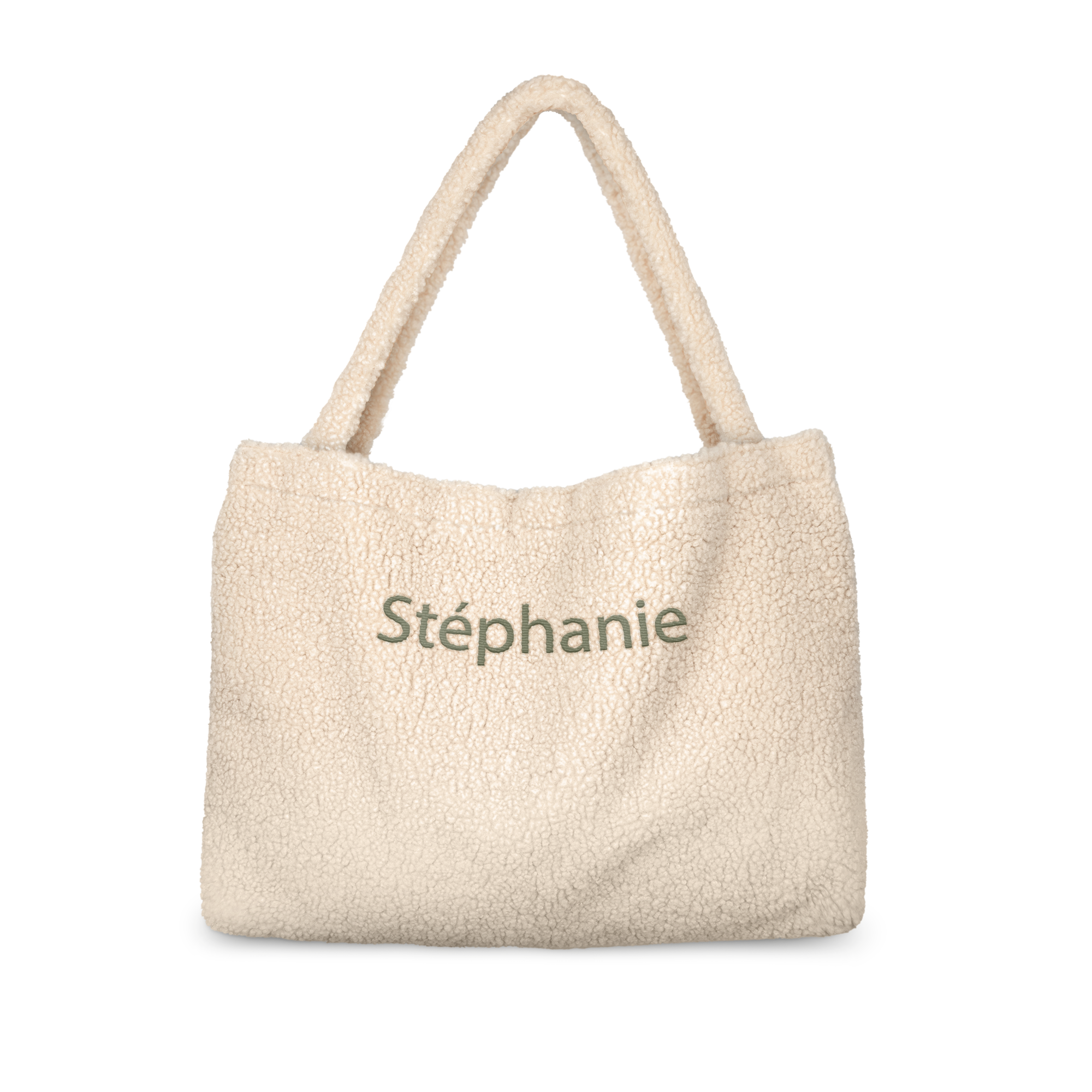Sac en effet mouton beige super doux, brodé avec le prénom Stéphanie en vert. Gâtez avec un sac en effet mouton super doux personnalisé.
