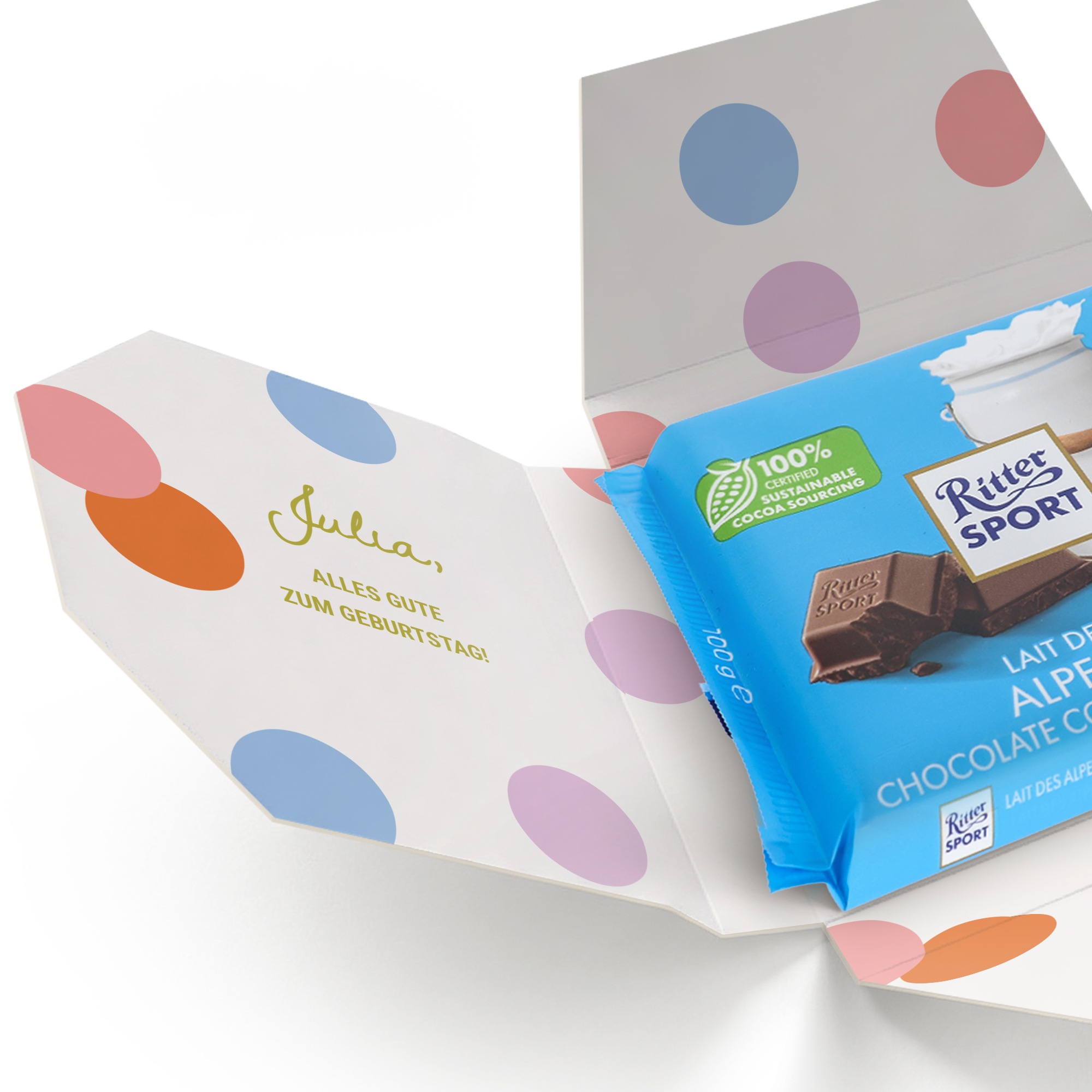Personalisierte Schokolade Ritter Sport Alpenmilch in Geschenkbox mit dem Namen Julia und Geburtstagsgruß gedruckt