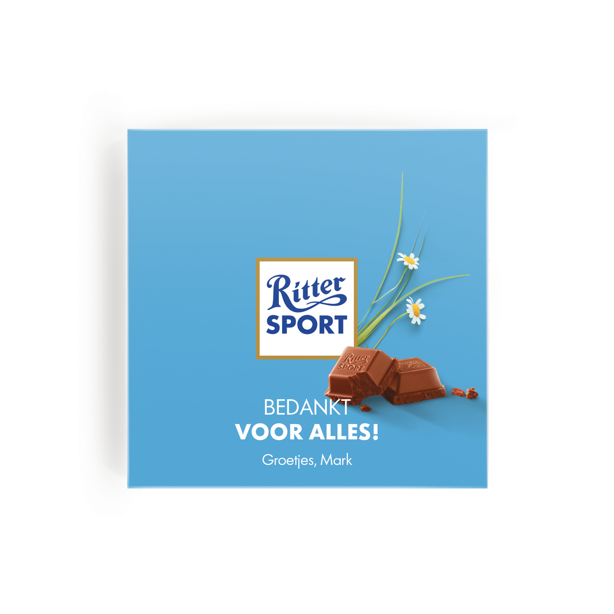 Gepersonaliseerde chocoladecadeau: Ritter Sport chocolade met bedanktekst "Bedankt voor alles! Groetjes, Mark", gedrukt op de verpakking.