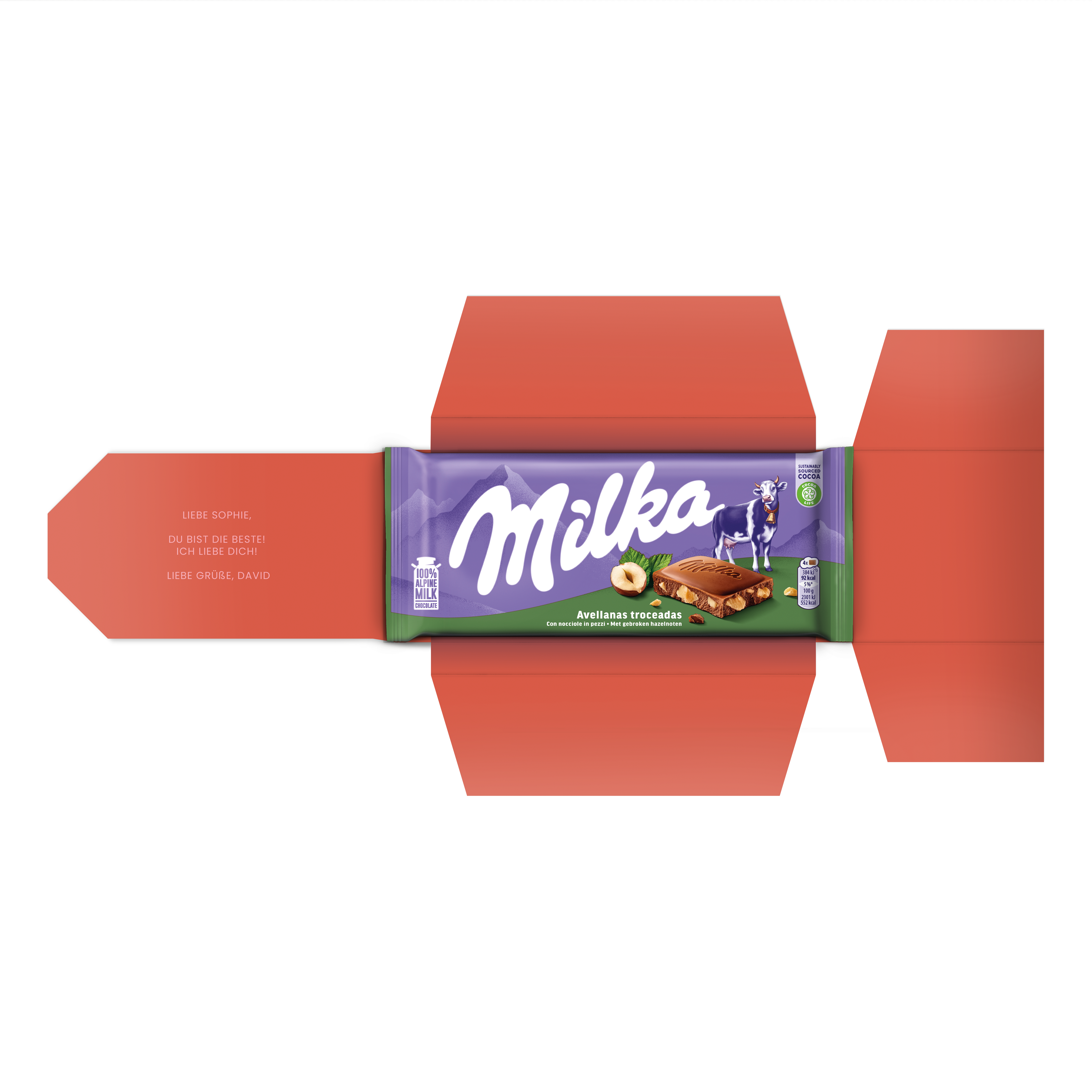 Milka Tafel personalisieren - Haselnuss mit persönlicher Botschaft "Liebe Sophie, Du bist die Beste! Ich liebe Dich! Liebe Grüße, David" auf der Verpackung.