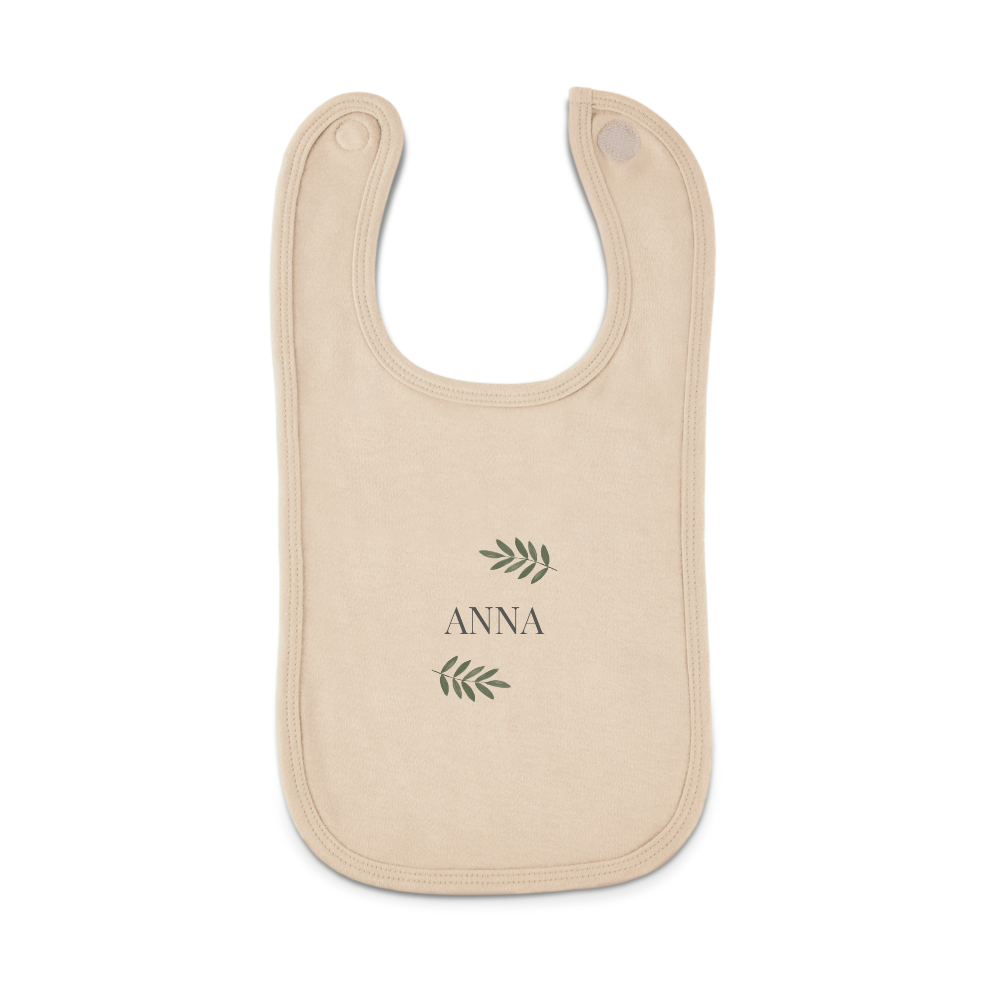 Cream personalized bib with the name ANNA printed in dark gray, flanked by two green olive branch designs