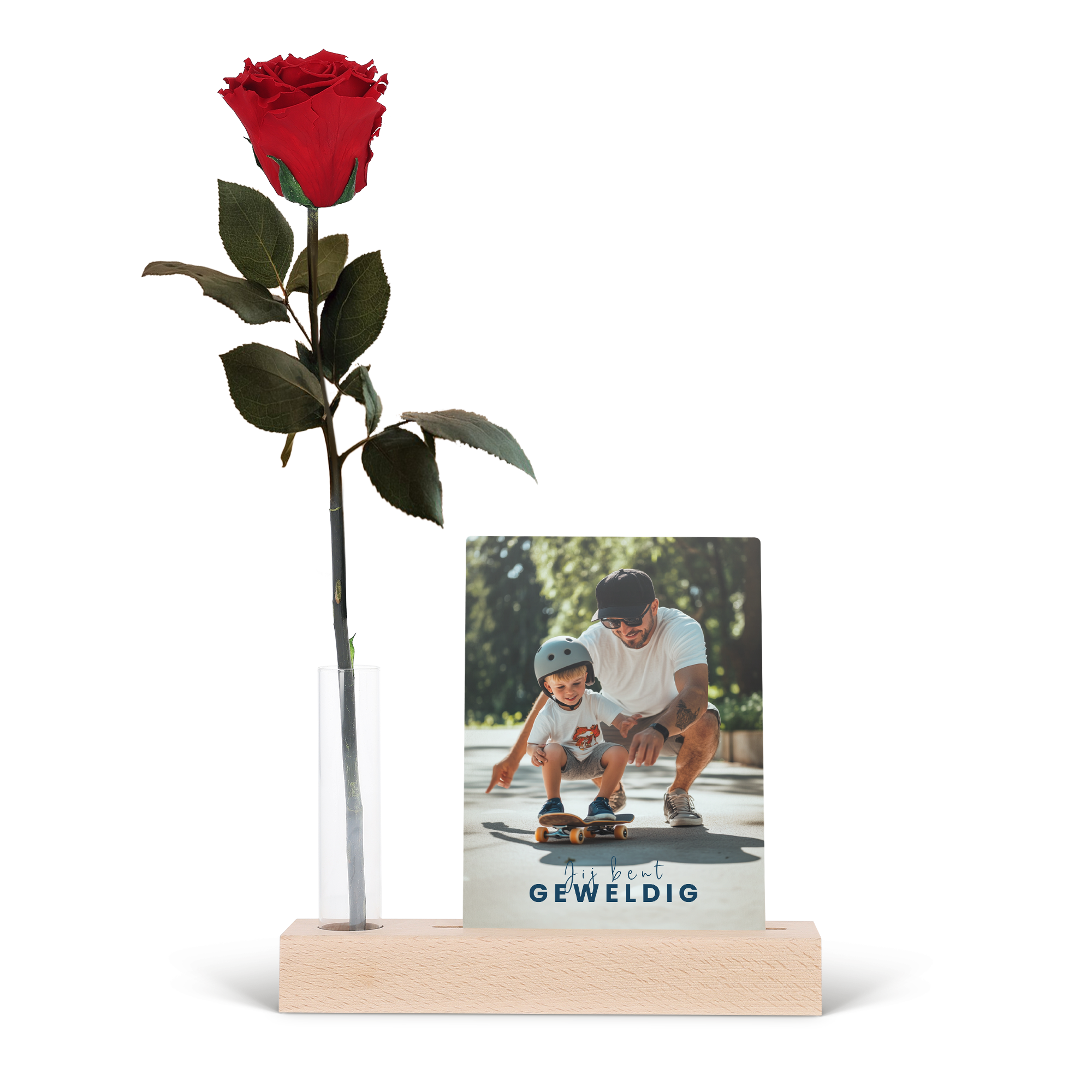 Infinity roos met foto standaard, gepersonaliseerd met foto en tekst “Jij bent GEWELDIG”