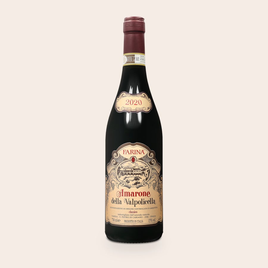 Vino Farina Amarone Valpolicella Personalizzato Bottiglia di Amarone della Valpolicella DOCG del 2020 con etichetta personalizzabile. Un vino superbo per un regalo eccezionale.