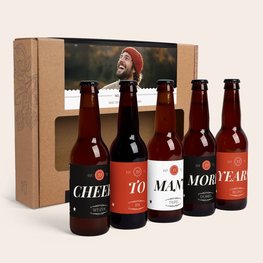 Din personliggjorte ølsamling Personlig ølsamling til ølelsker. 5 ølflasker med printet etiket og foto i gaveæske.