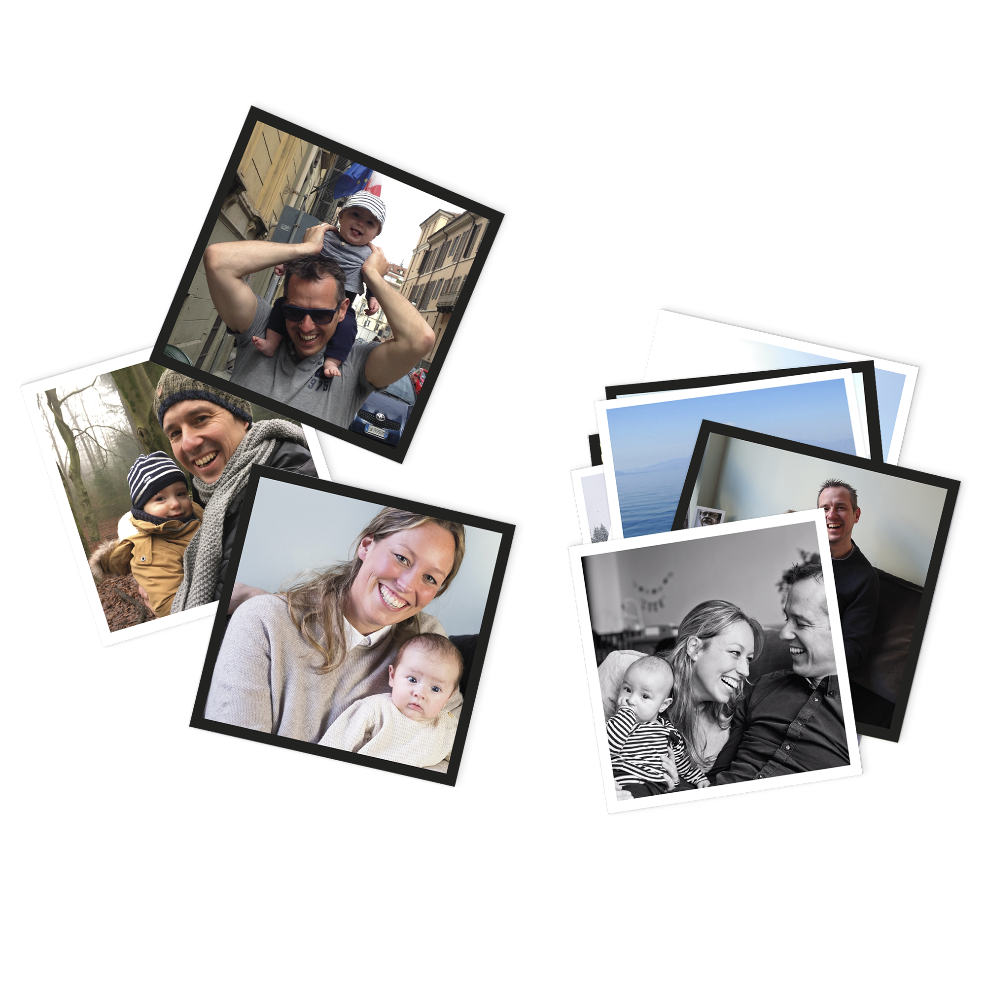 Printed personalized square photo prints showcasing memories of families and babies