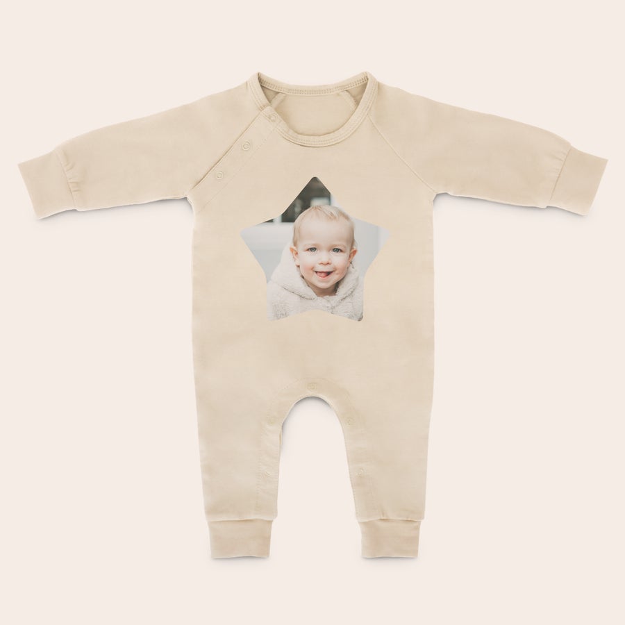 Baby Playsuit - Printed Personalized babygrow in cream with a printed photo of a smiling baby in a star shape perfect for stretching and kicking those chubby legs