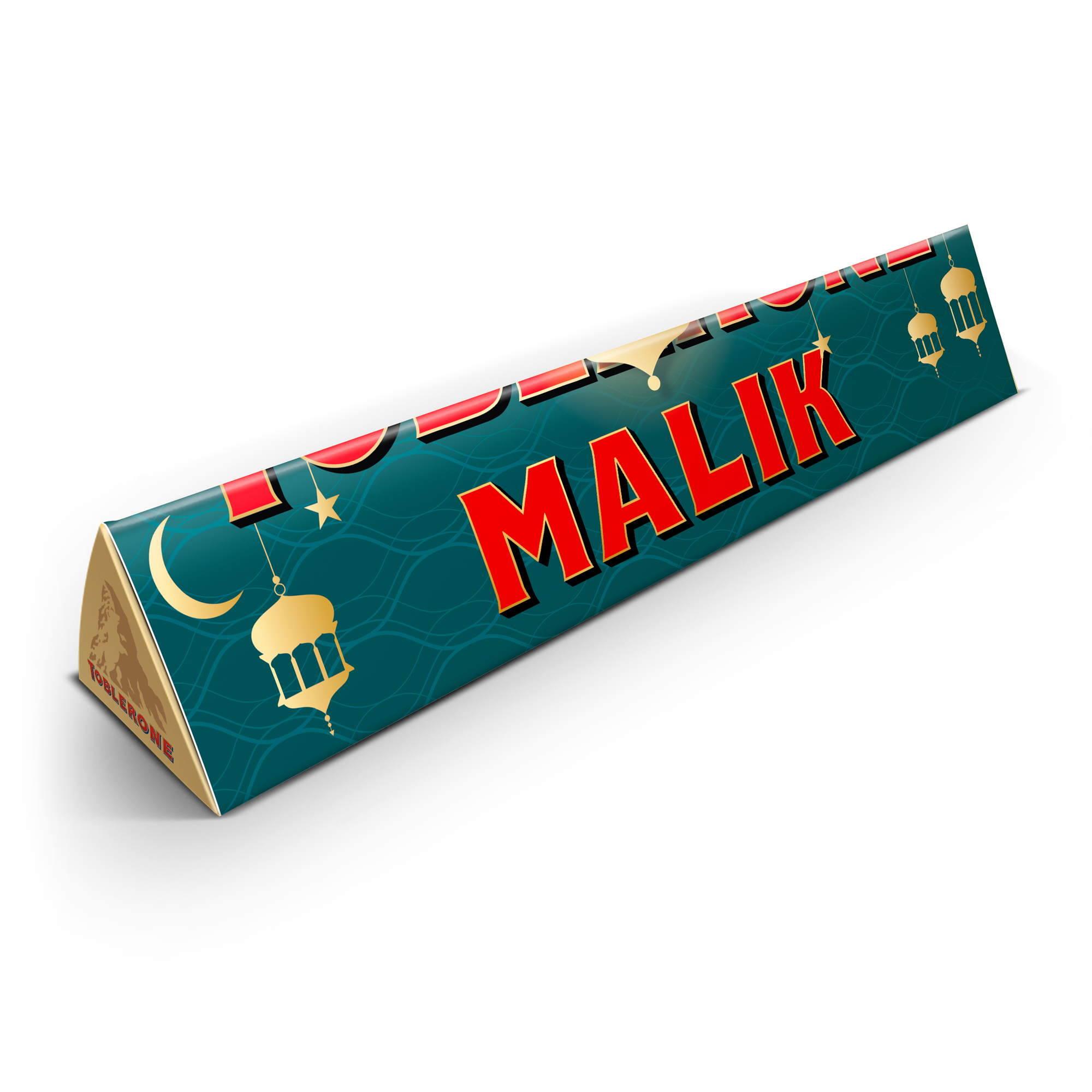 Personalisierte Toblerone Schokolade mit Namen Malik, gedrucktem Ramadan-Design auf der Verpackung und Mond- und Sternsymbolen.